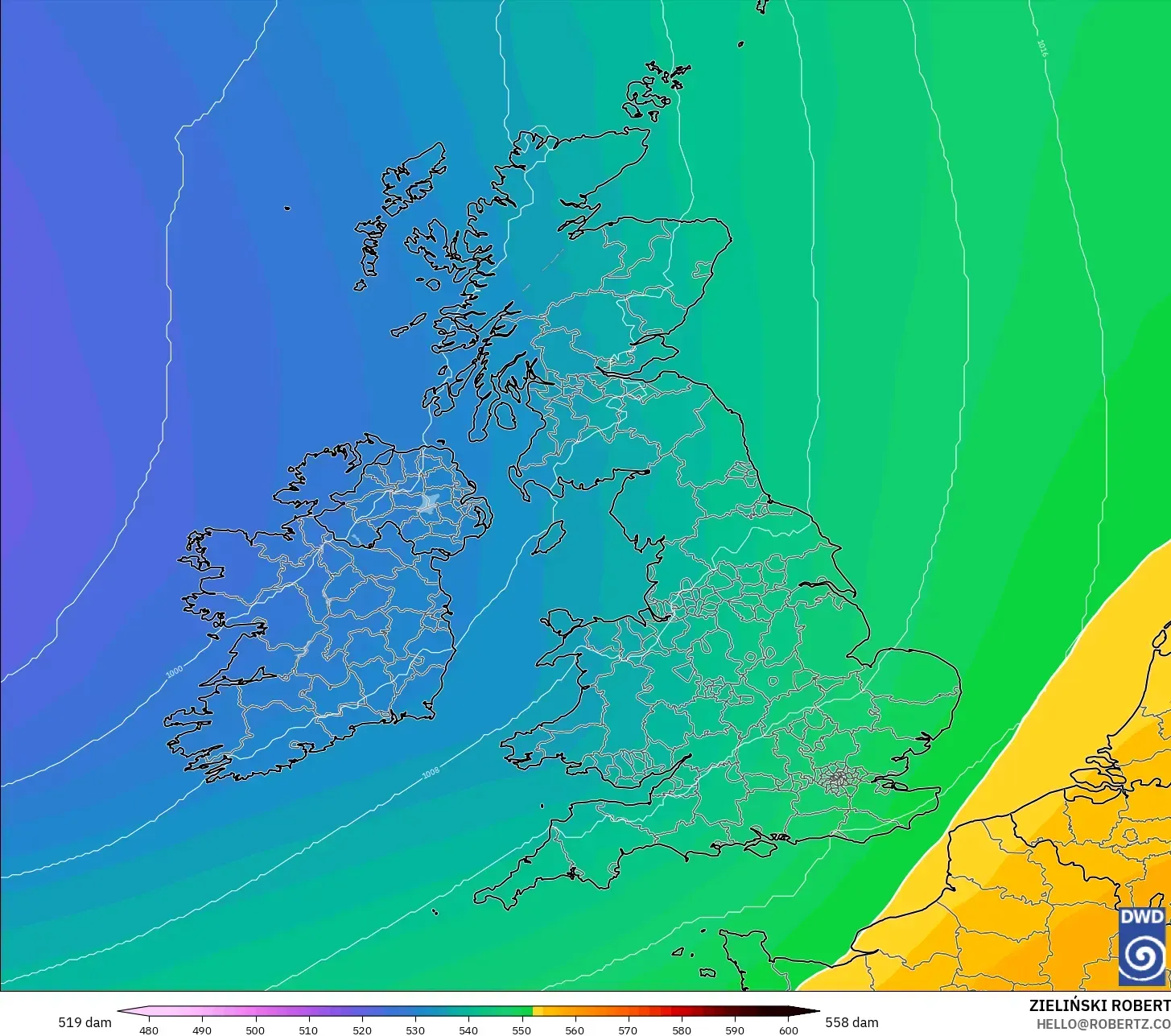 ICON model - United Kingdom, Geopotential height at 500hPa