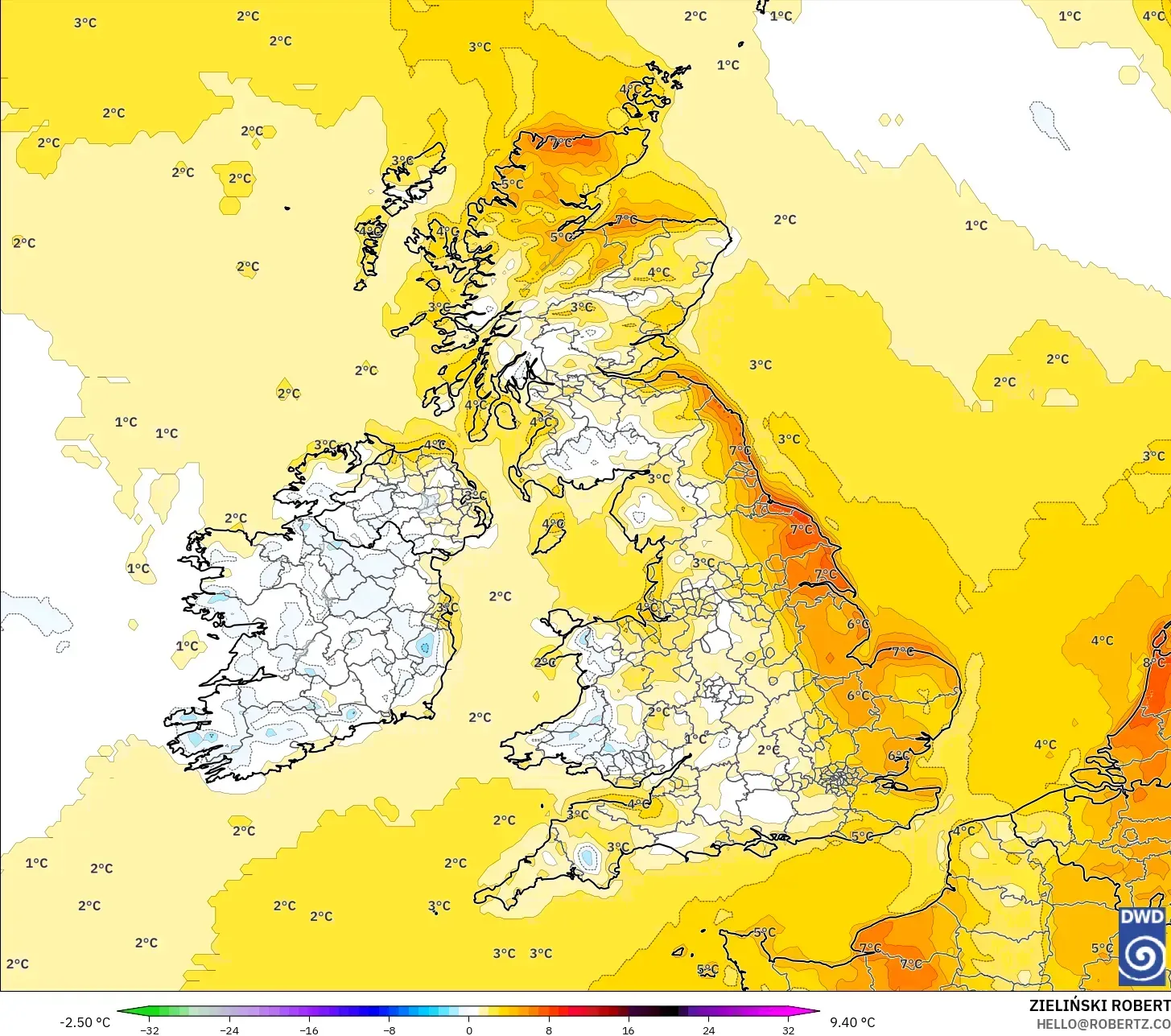 ICON نموذج - المملكة المتحدة, انحراف درجة الحرارة 2 م
