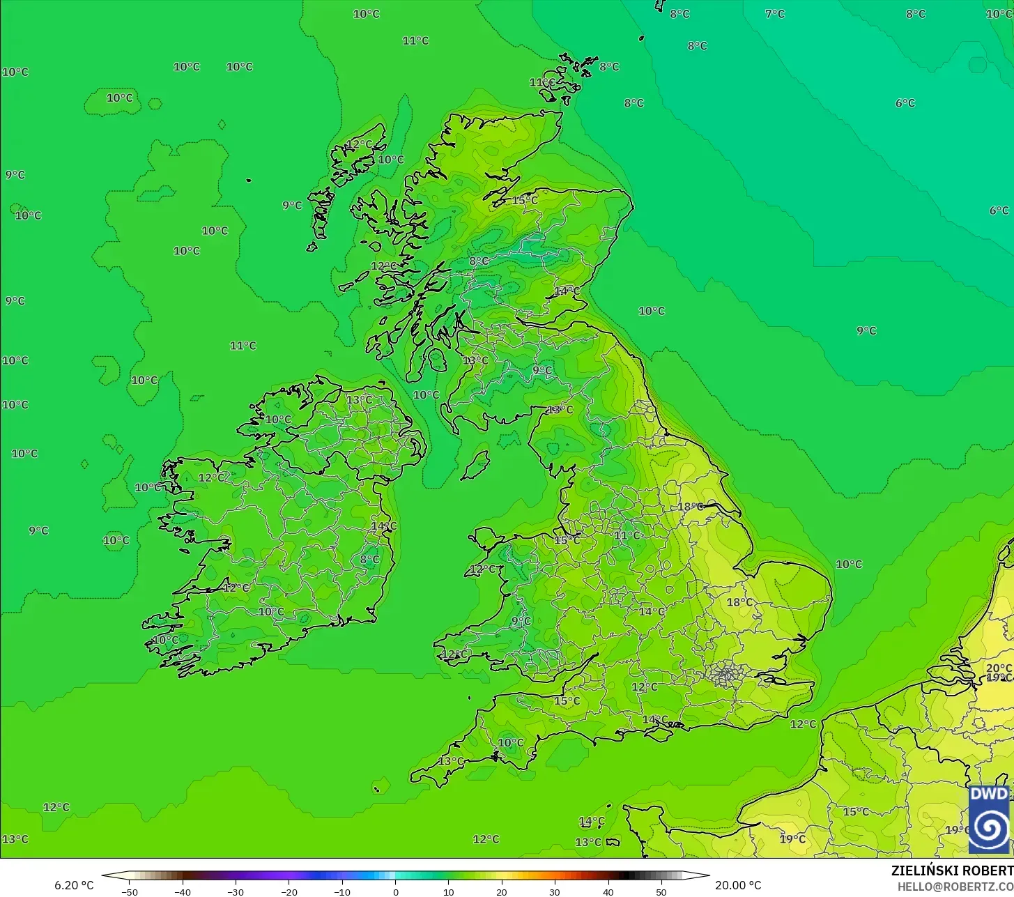 ICON نموذج - المملكة المتحدة, درجة الحرارة على ارتفاع 2 م