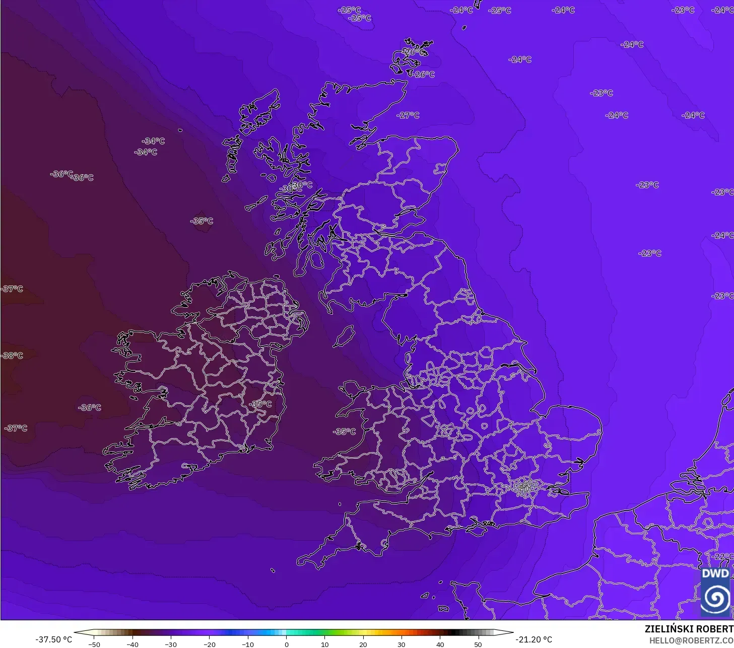 ICON نموذج - المملكة المتحدة, درجة الحرارة 500 hPa