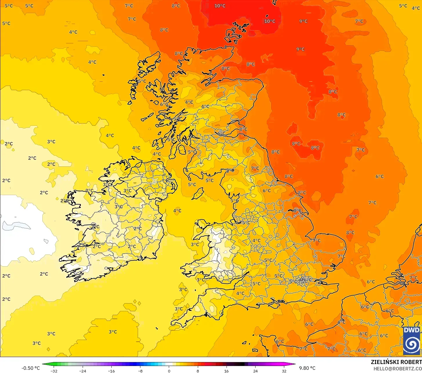 ICON نموذج - المملكة المتحدة, انحراف درجة الحرارة 850 hPa