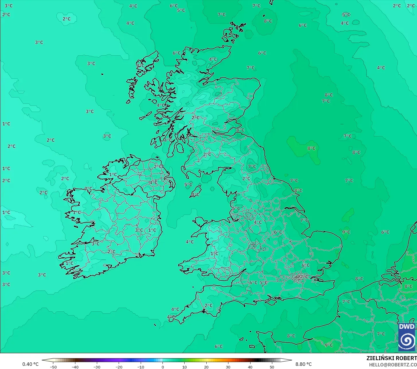 ICON نموذج - المملكة المتحدة, درجة الحرارة 850 hPa