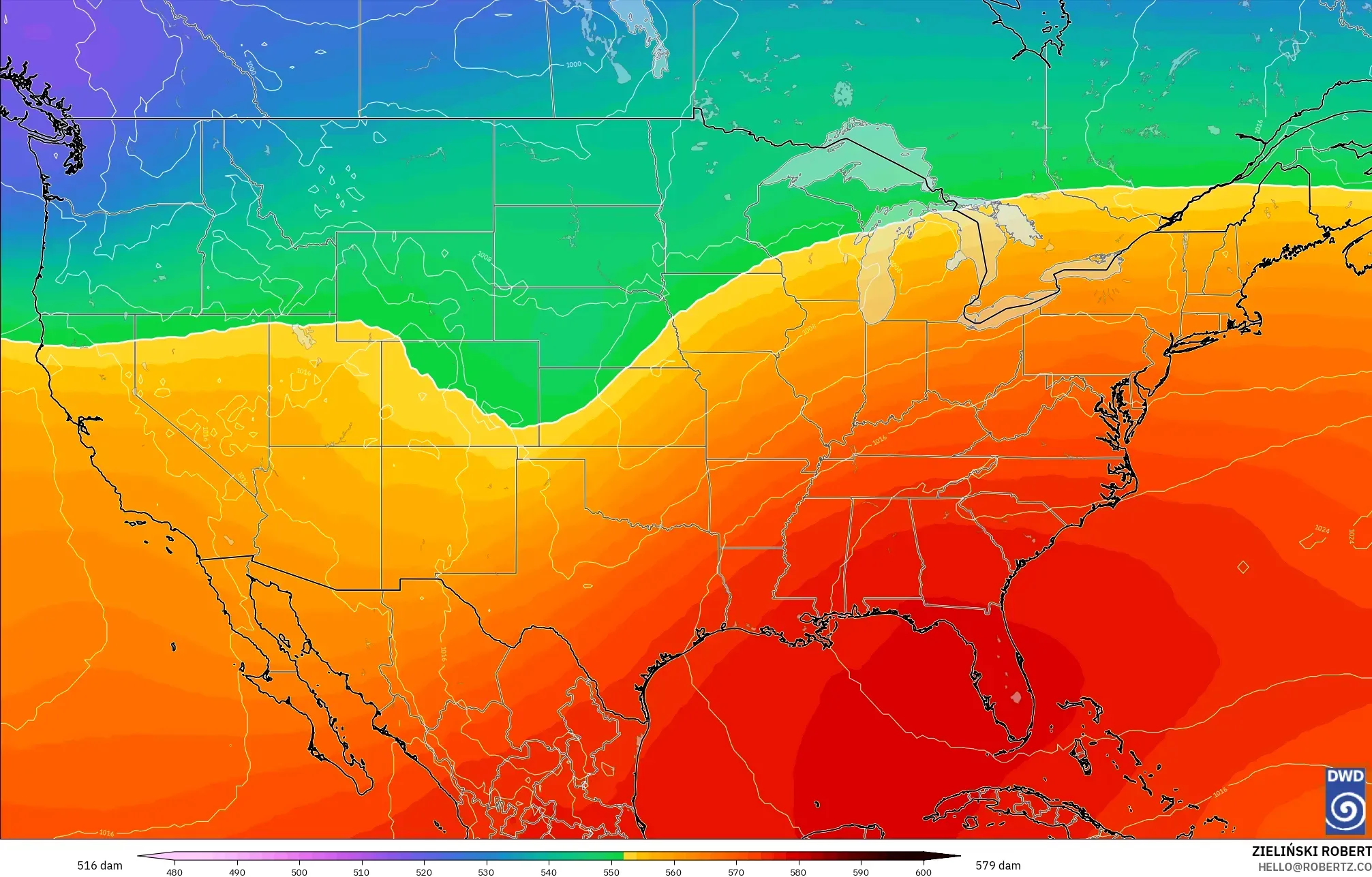ICON model - United States, Geopotential height at 500hPa
