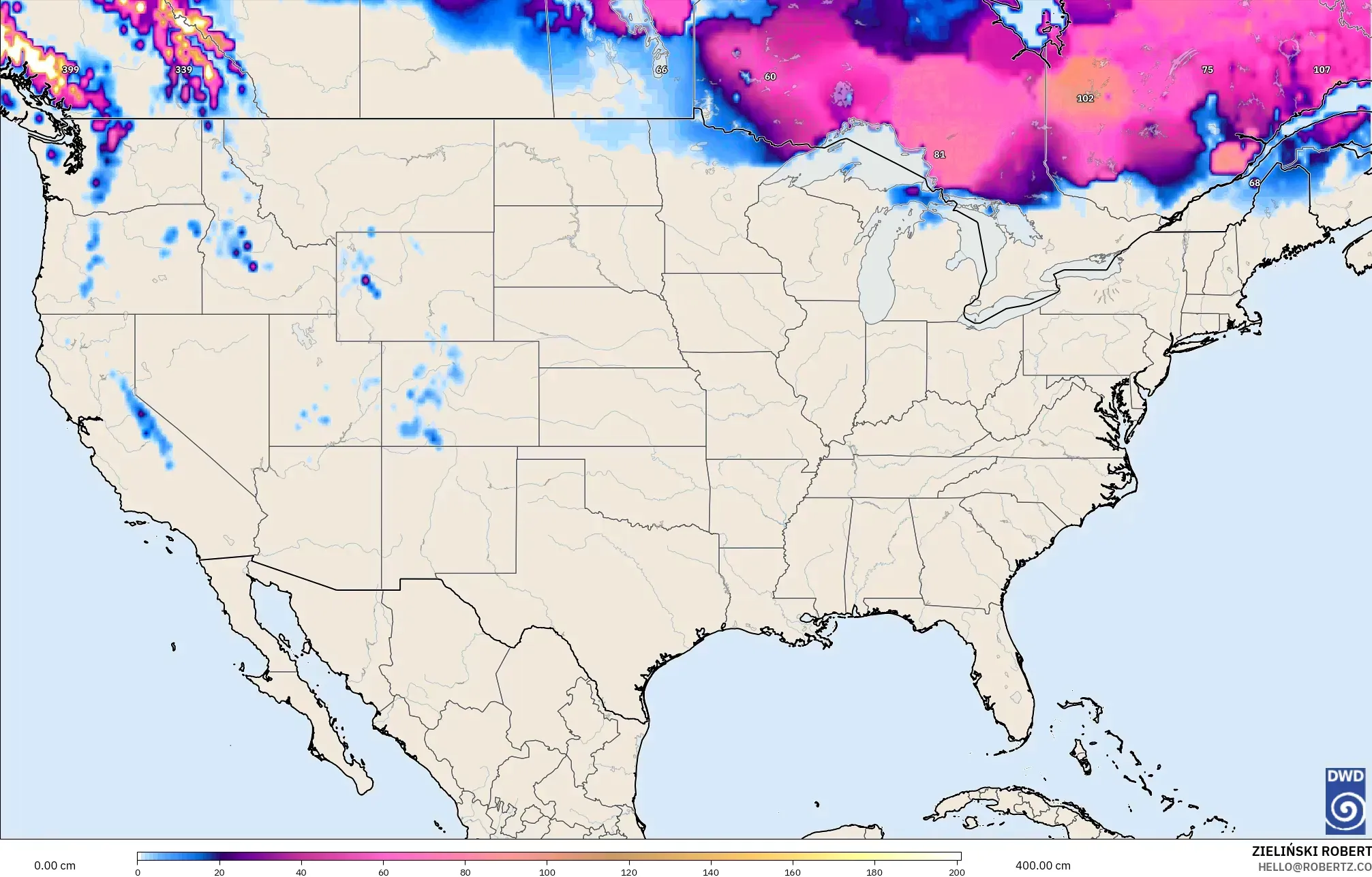 ICON نموذج - الولايات المتحدة, عمق الثلج