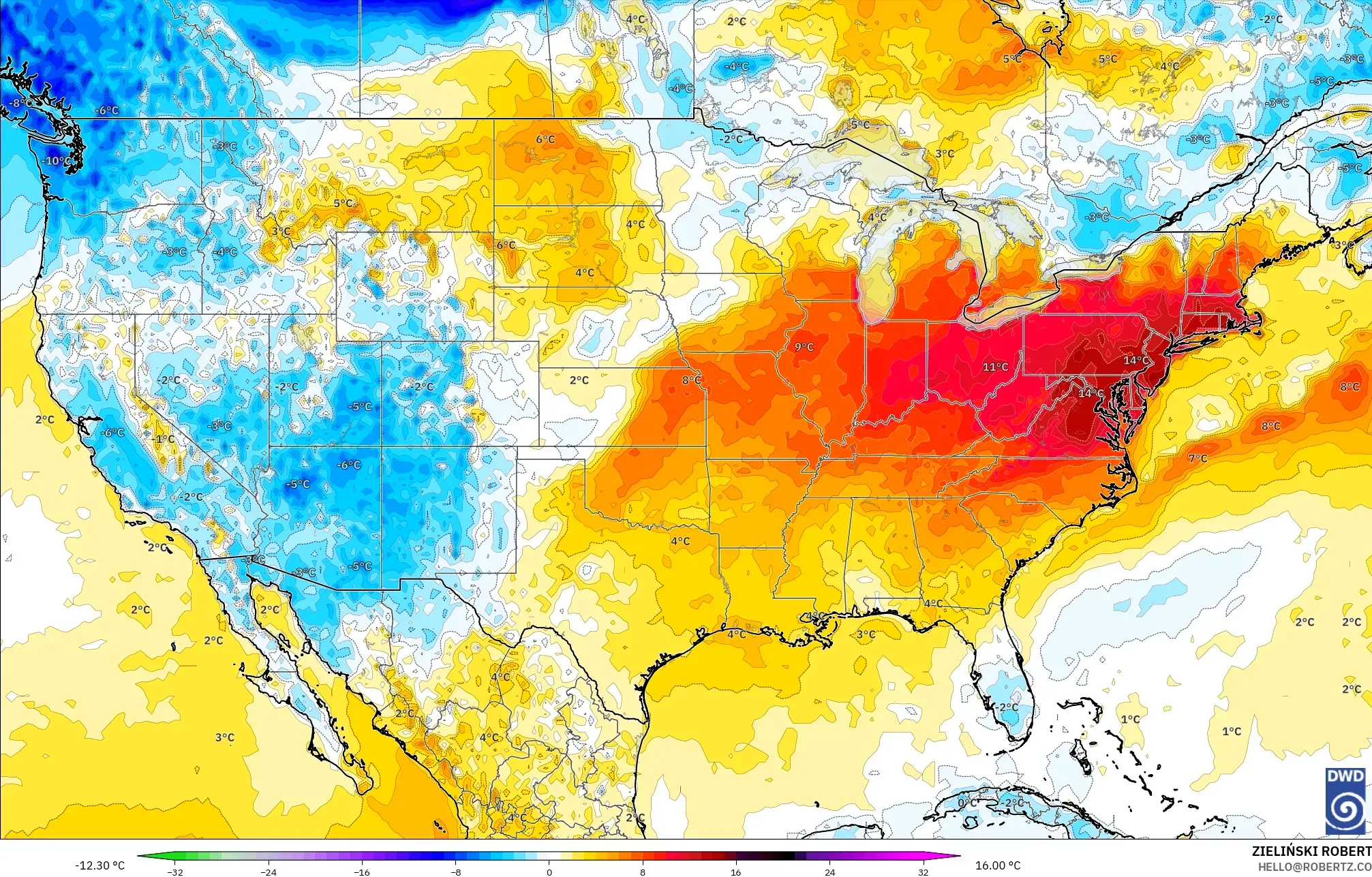 ICON نموذج - الولايات المتحدة, انحراف درجة الحرارة 2 م