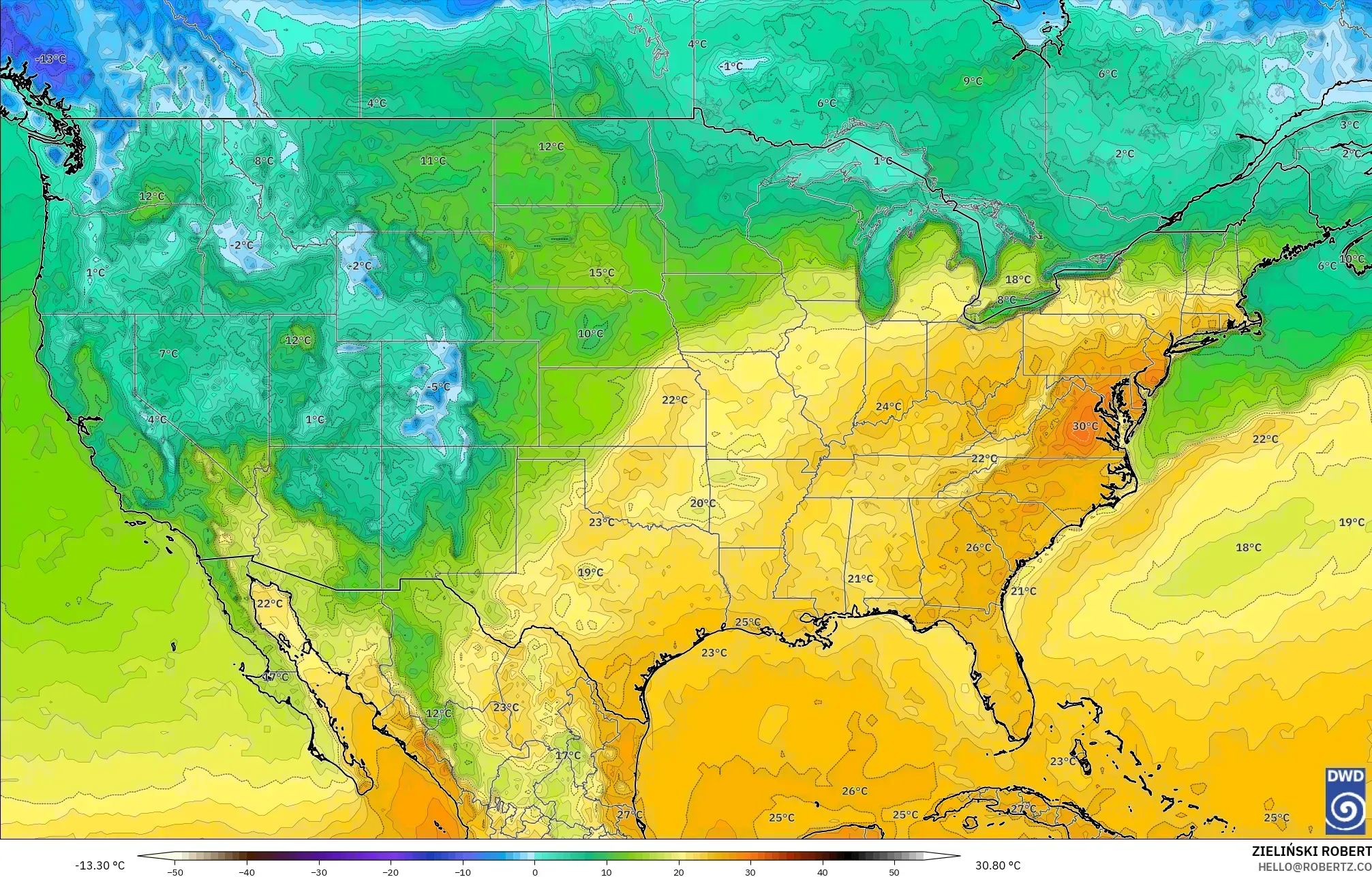 ICON نموذج - الولايات المتحدة, درجة الحرارة على ارتفاع 2 م