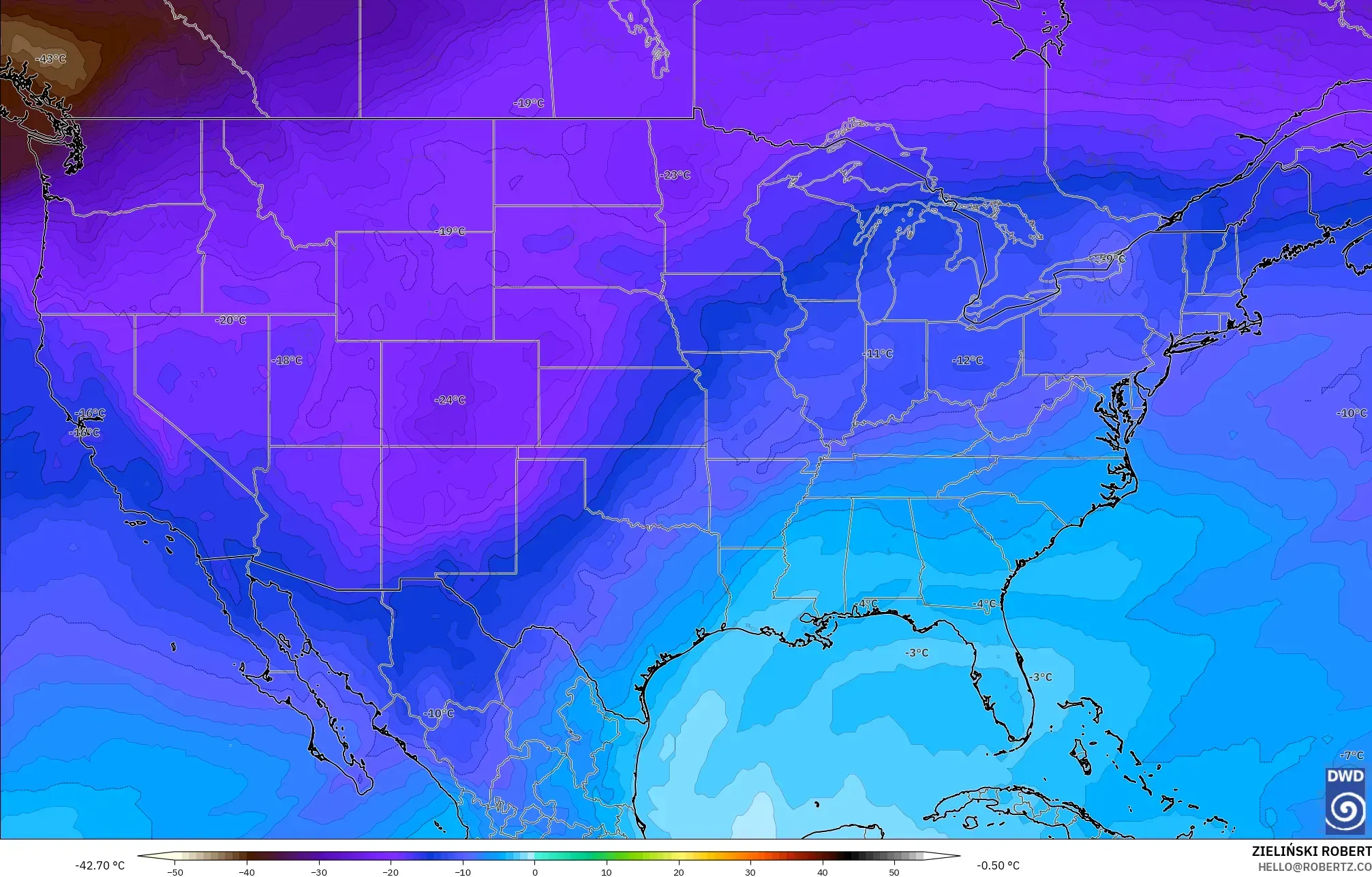 ICON نموذج - الولايات المتحدة, درجة الحرارة 500 hPa