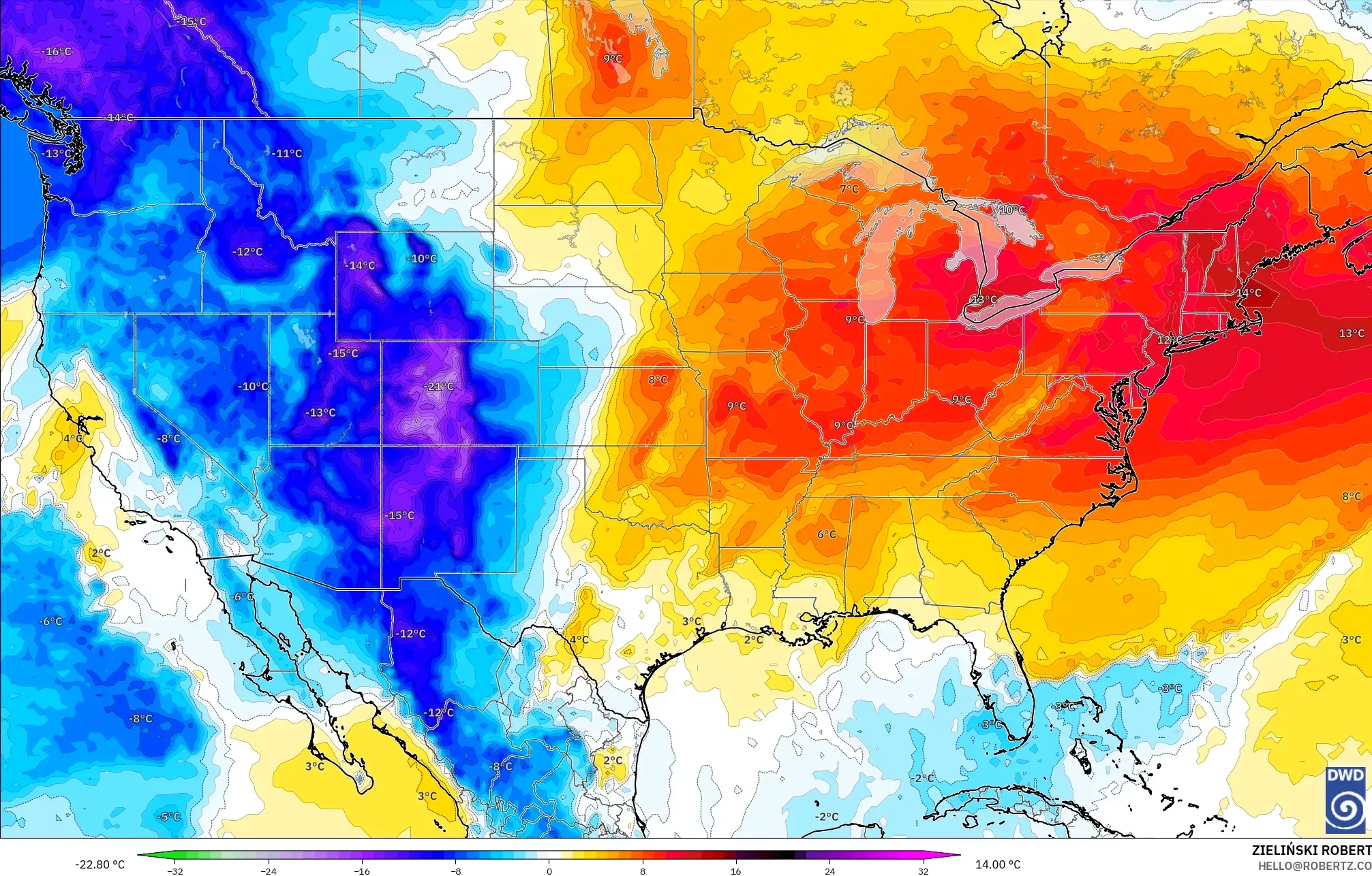 ICON نموذج - الولايات المتحدة, انحراف درجة الحرارة 850 hPa