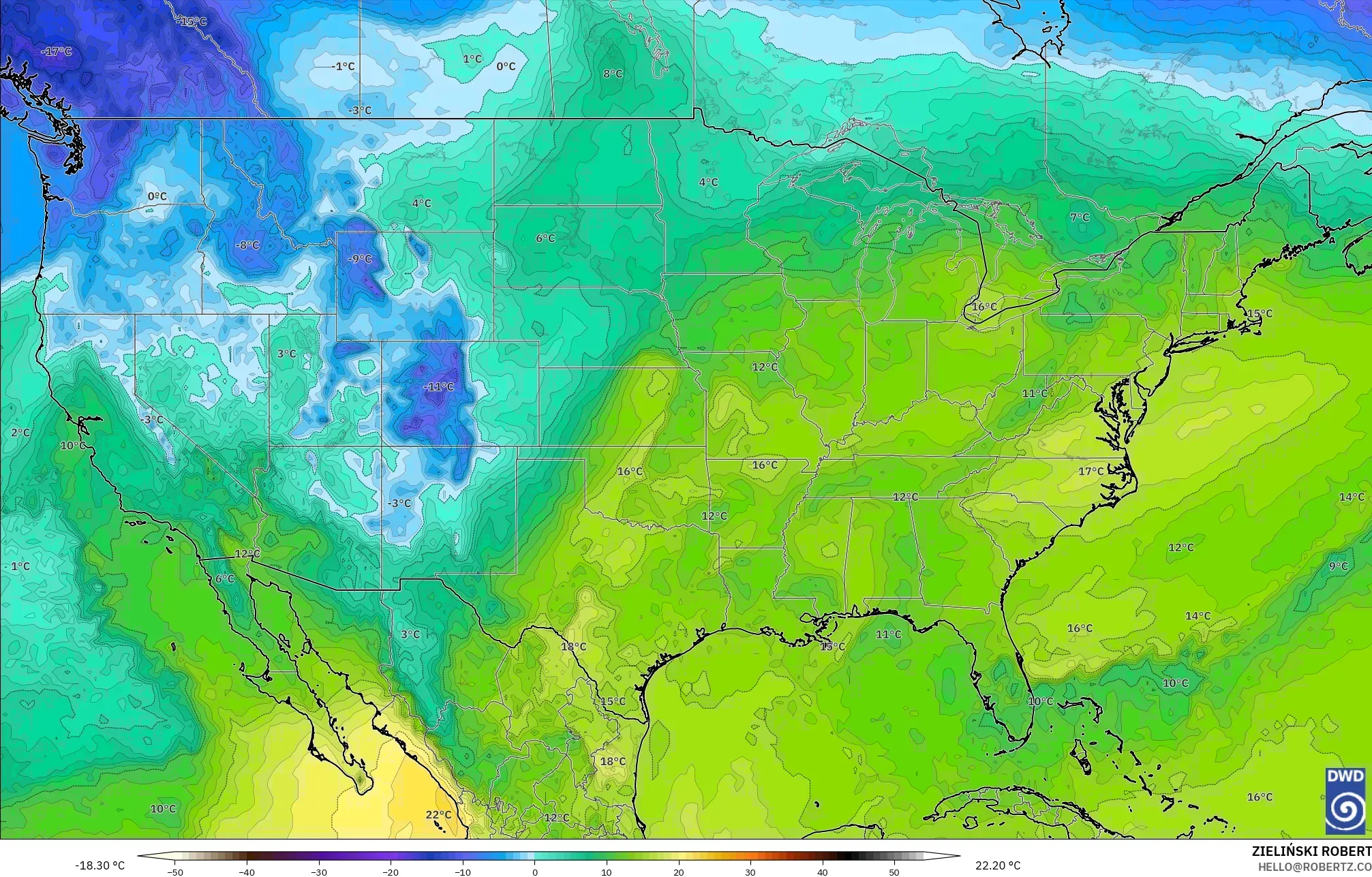 ICON نموذج - الولايات المتحدة, درجة الحرارة 850 hPa