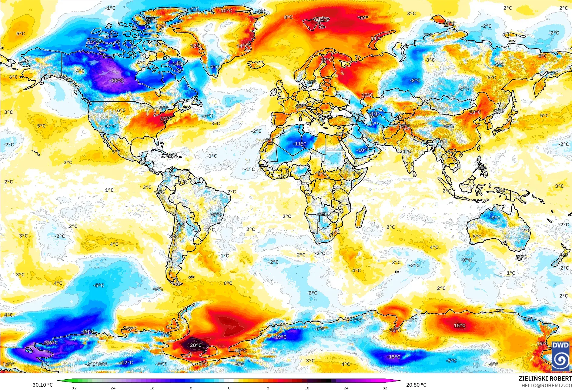 ICON نموذج - العالم, انحراف درجة الحرارة 2 م