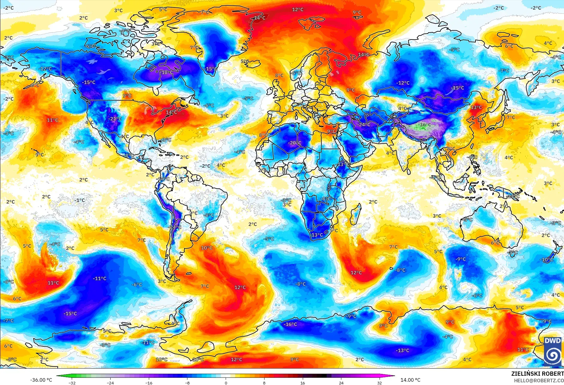 ICON model - World, Temperature at 850hPa Anomaly