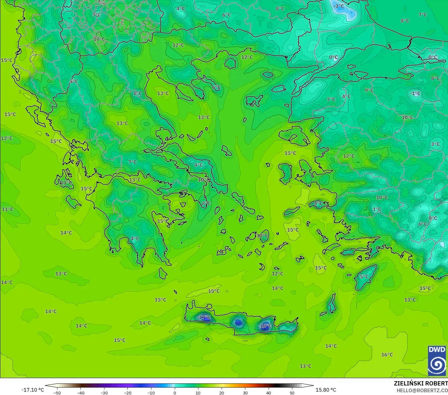 ICON model - Greece, Dewpoint at 2m