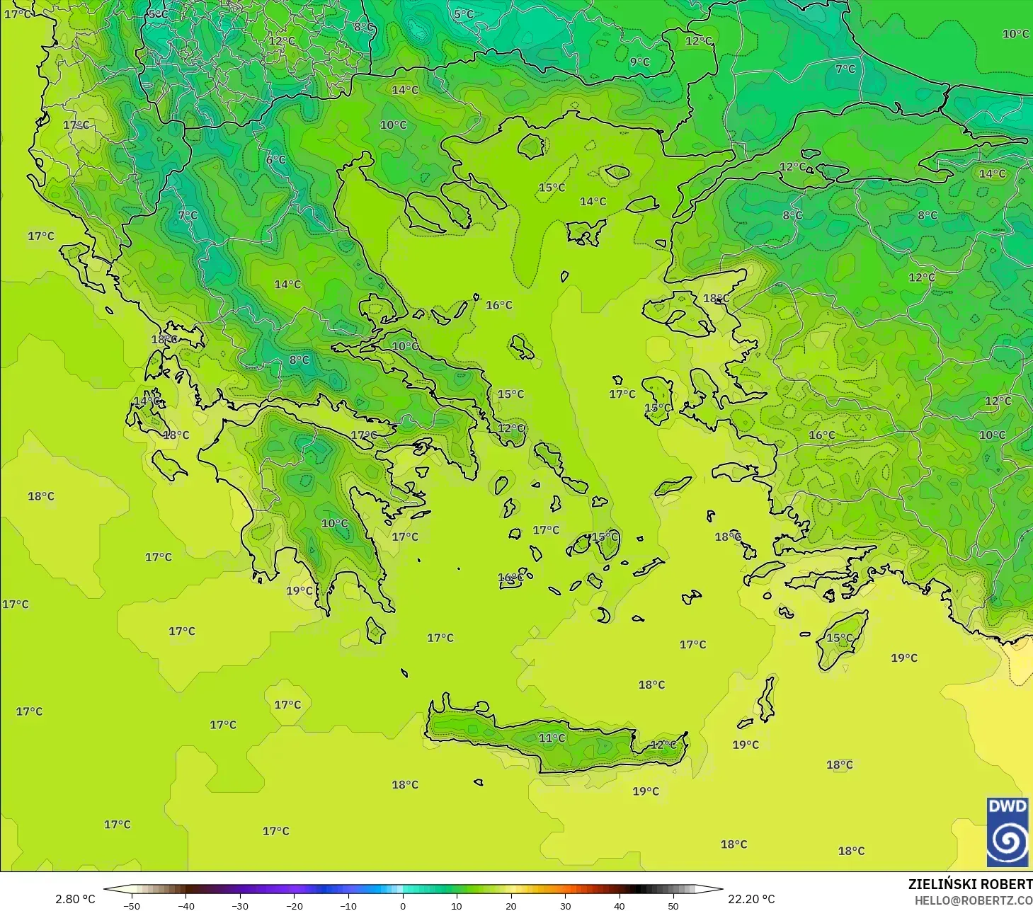 ICON model - Greece, Temperature at 2m
