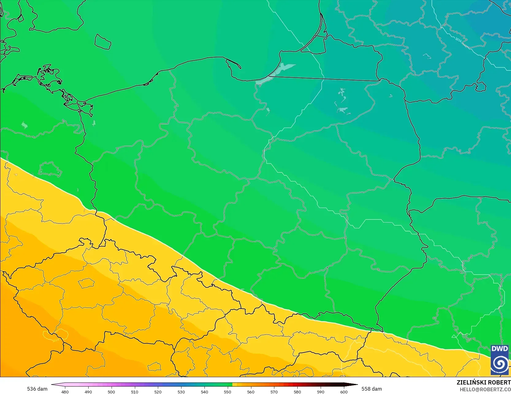 ICON model - Poland, Geopotential height at 500hPa
