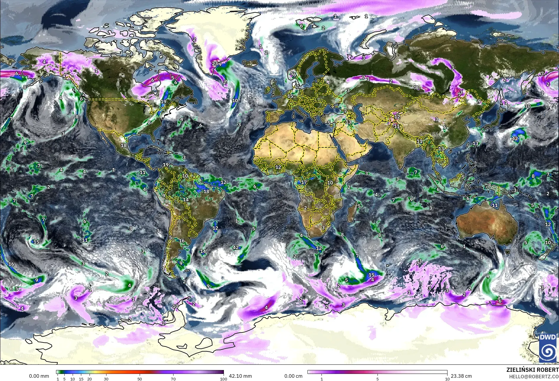 ICON model - World, Precipitation, Clouds, and Pressure