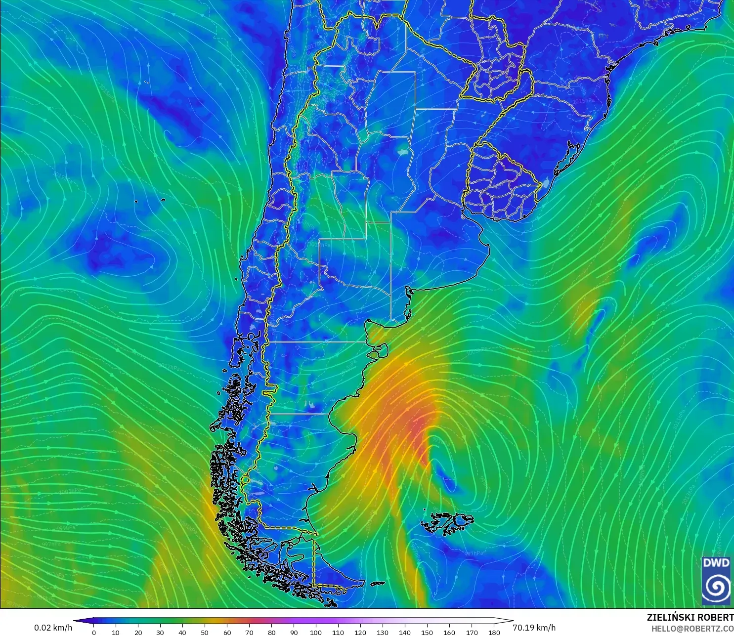 ICON model - Argentina, Wind at 10m