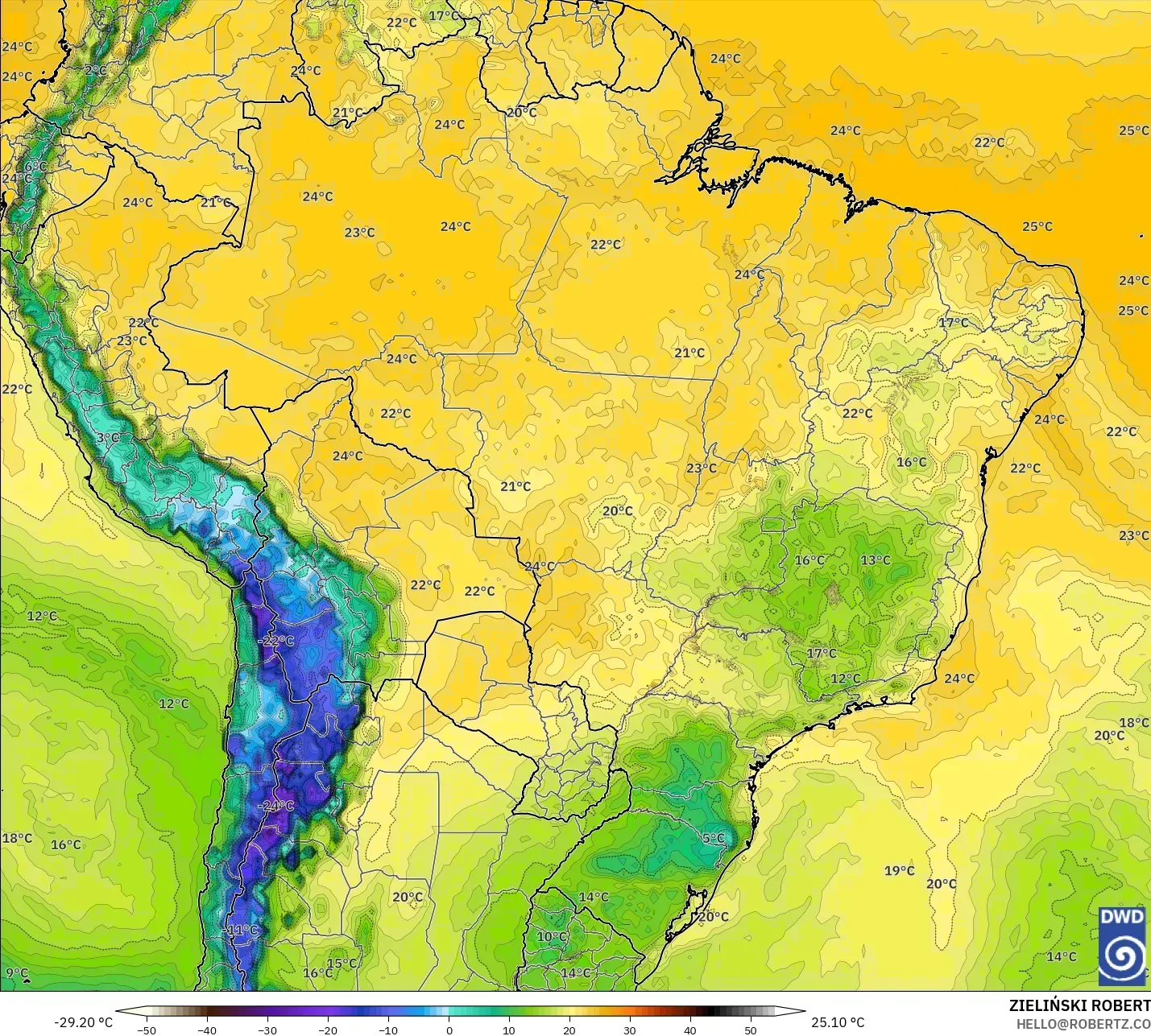 ICON model - Brazil, Dewpoint at 2m