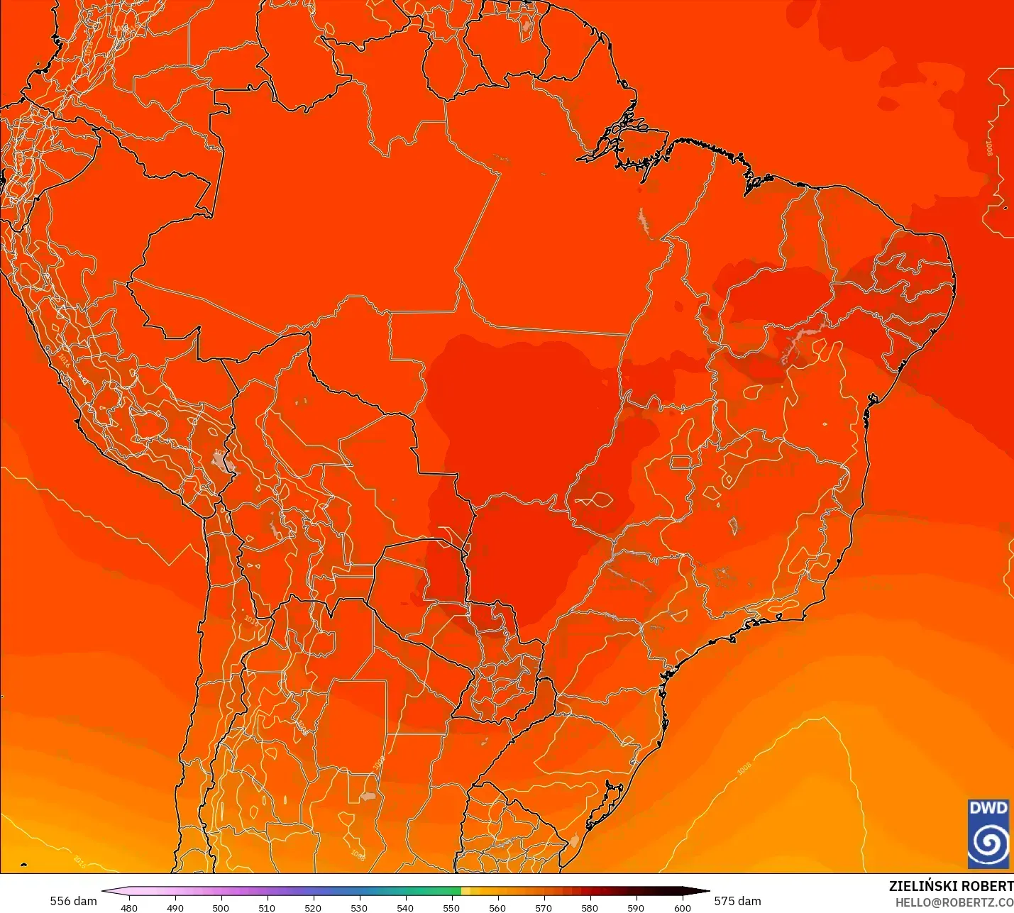 ICON model - Brazil, Geopotential height at 500hPa