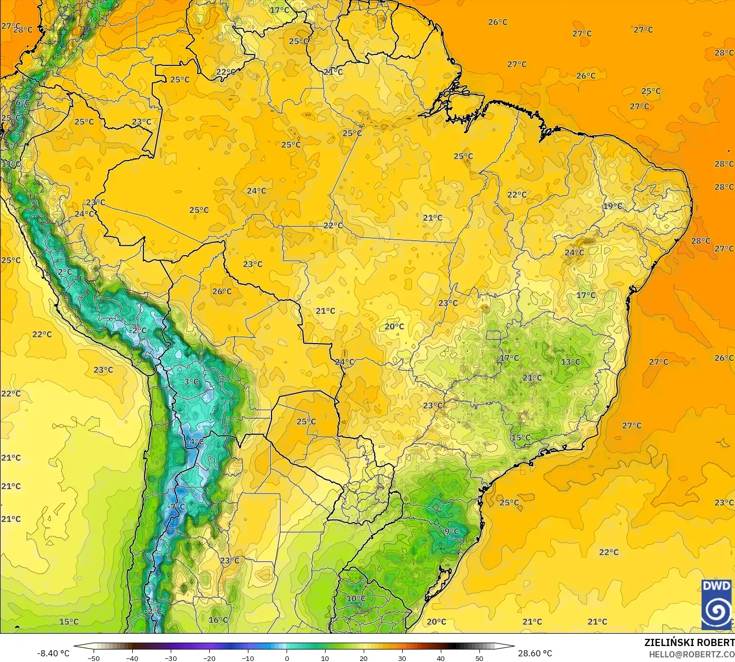 ICON model - Brazil, Temperature at 2m