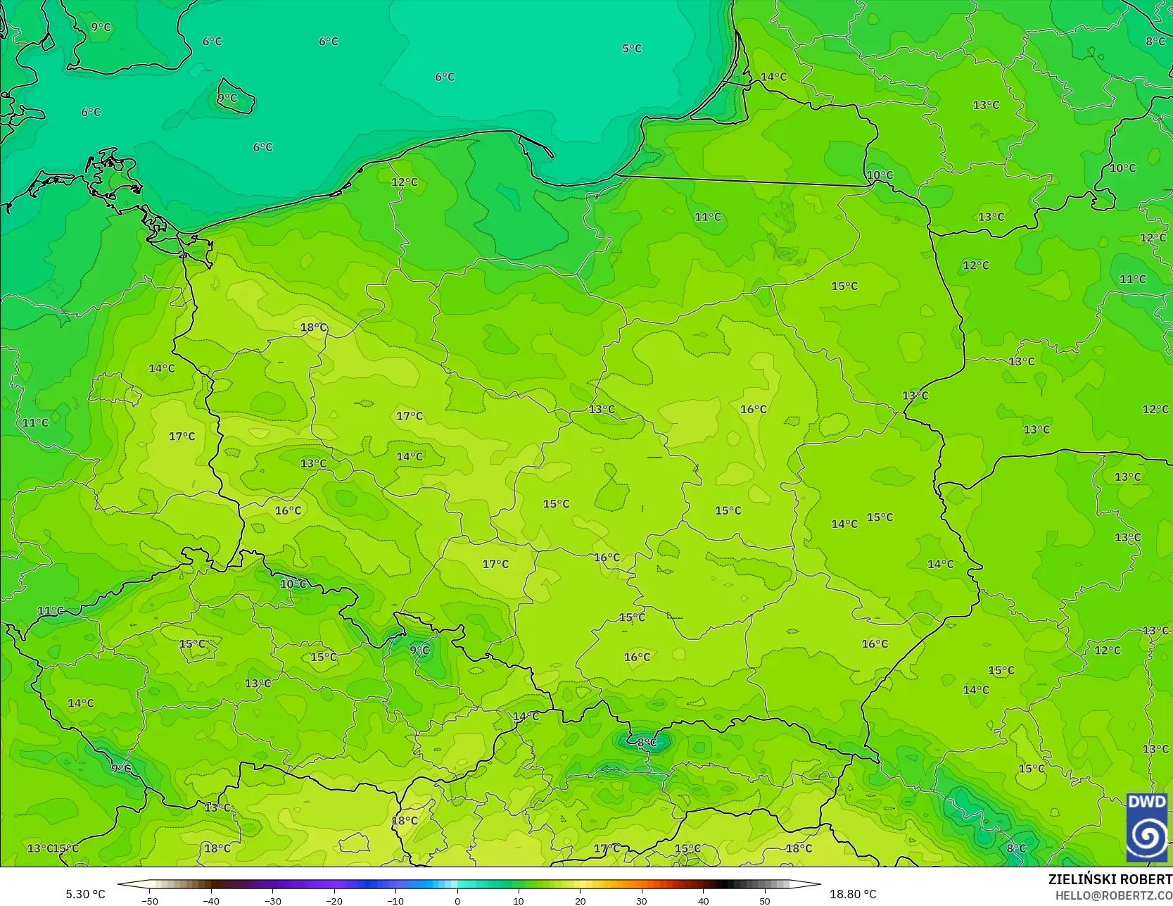 ICON model - Poland, Temperature at 2m