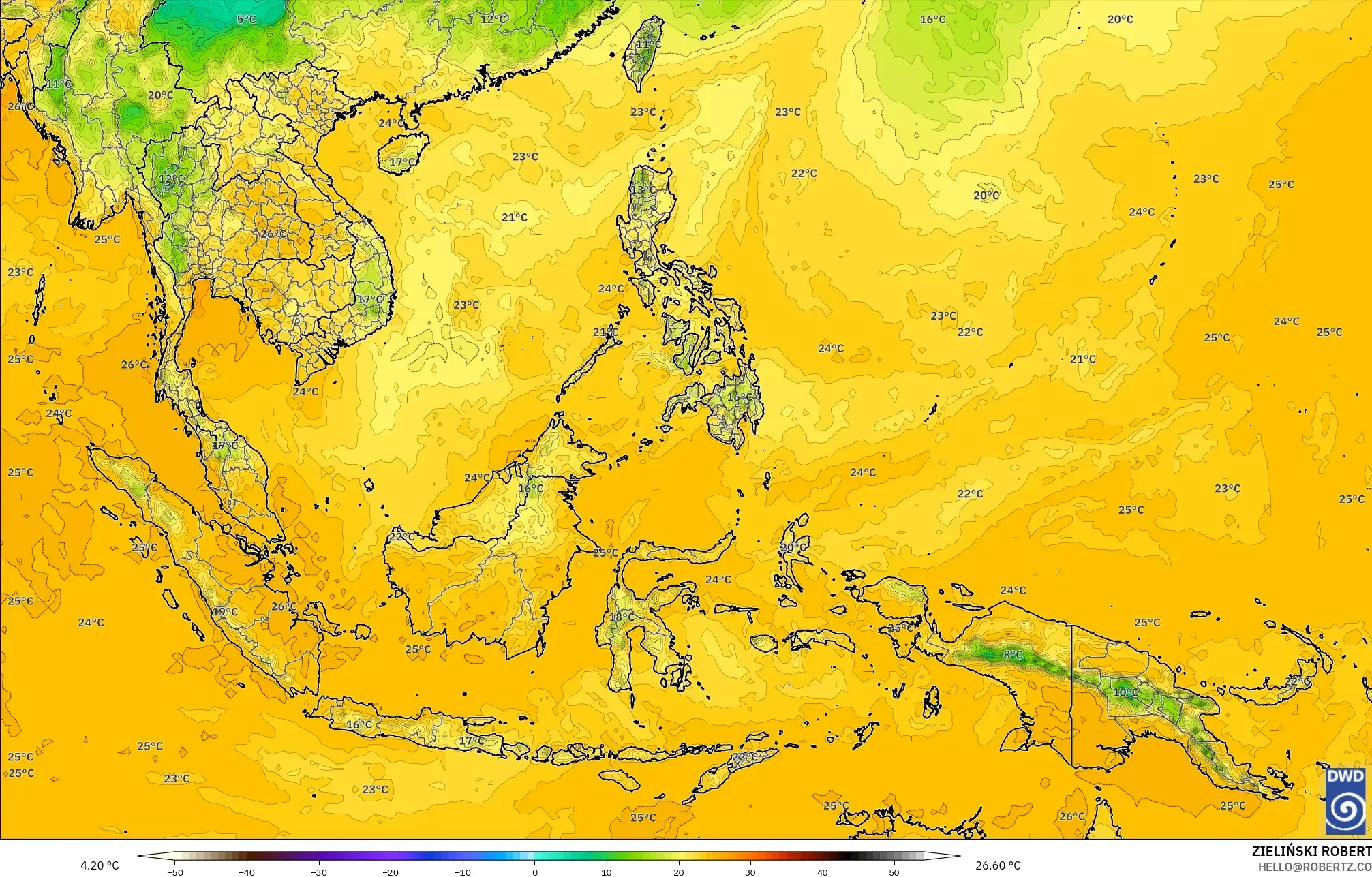 ICON model - South East Asia, Dewpoint at 2m