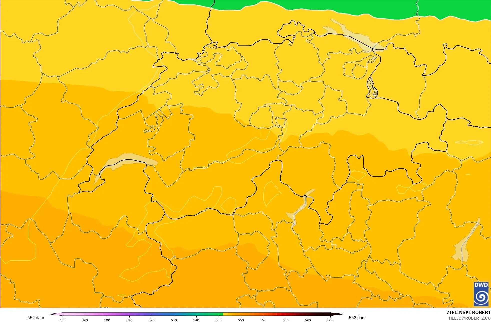 ICON model - Switzerland, Geopotential height at 500hPa