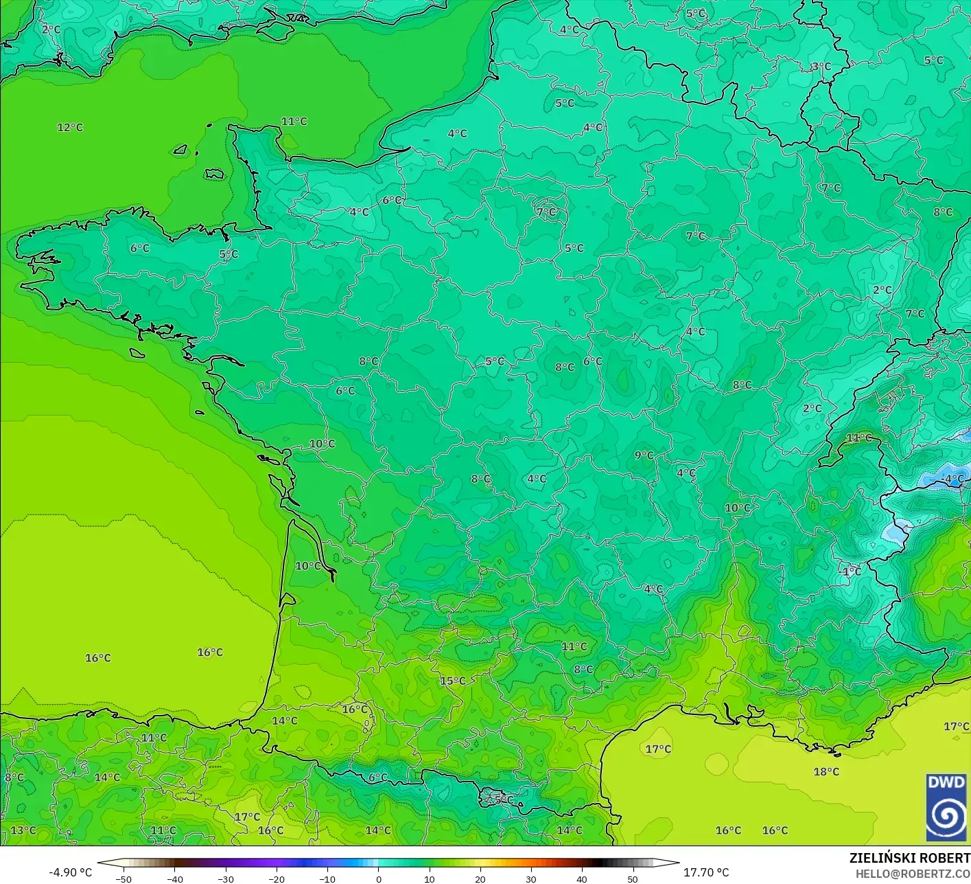 ICON model - France, Temperature at 2m