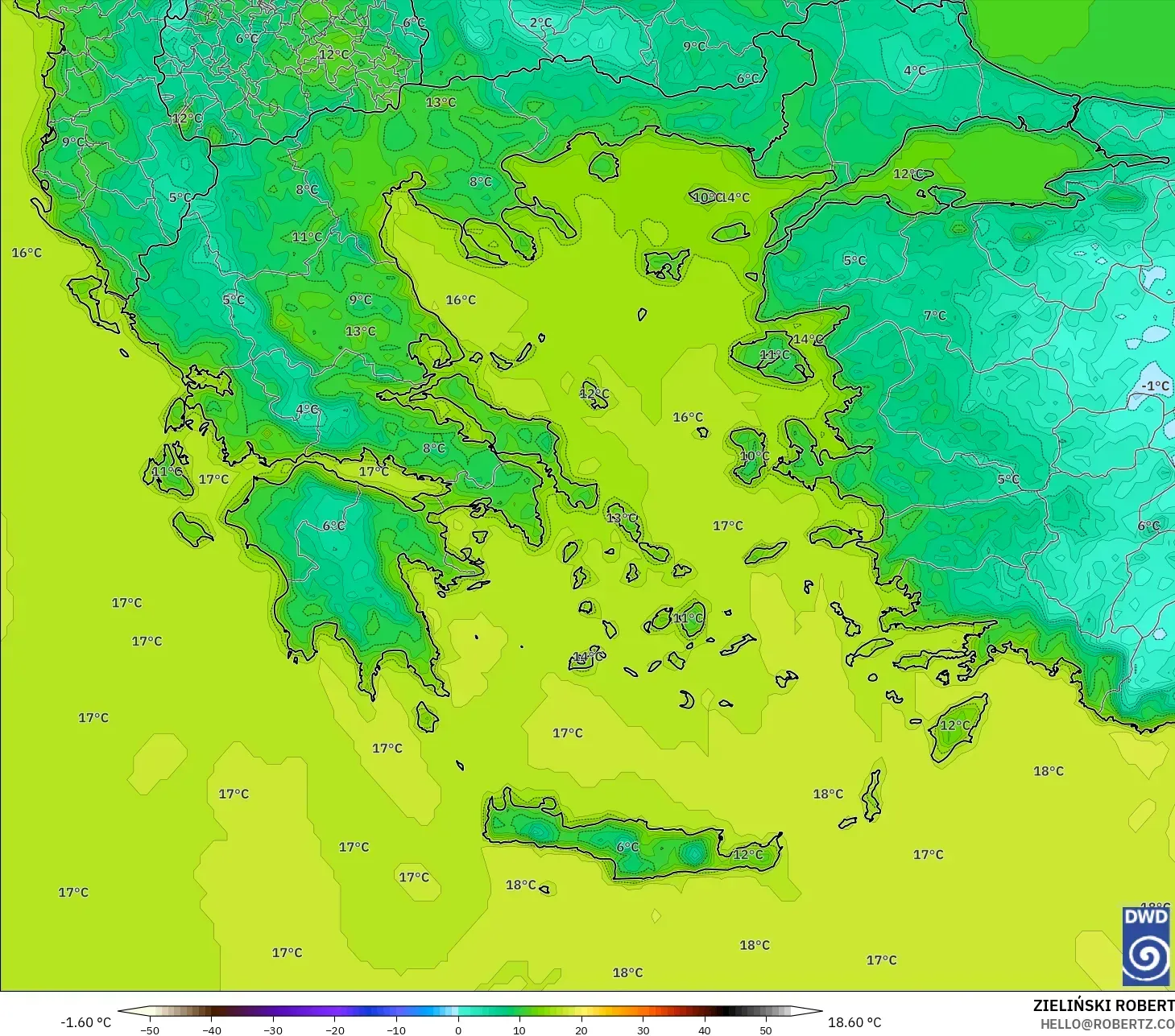 ICON model - Greece, Temperature at 2m