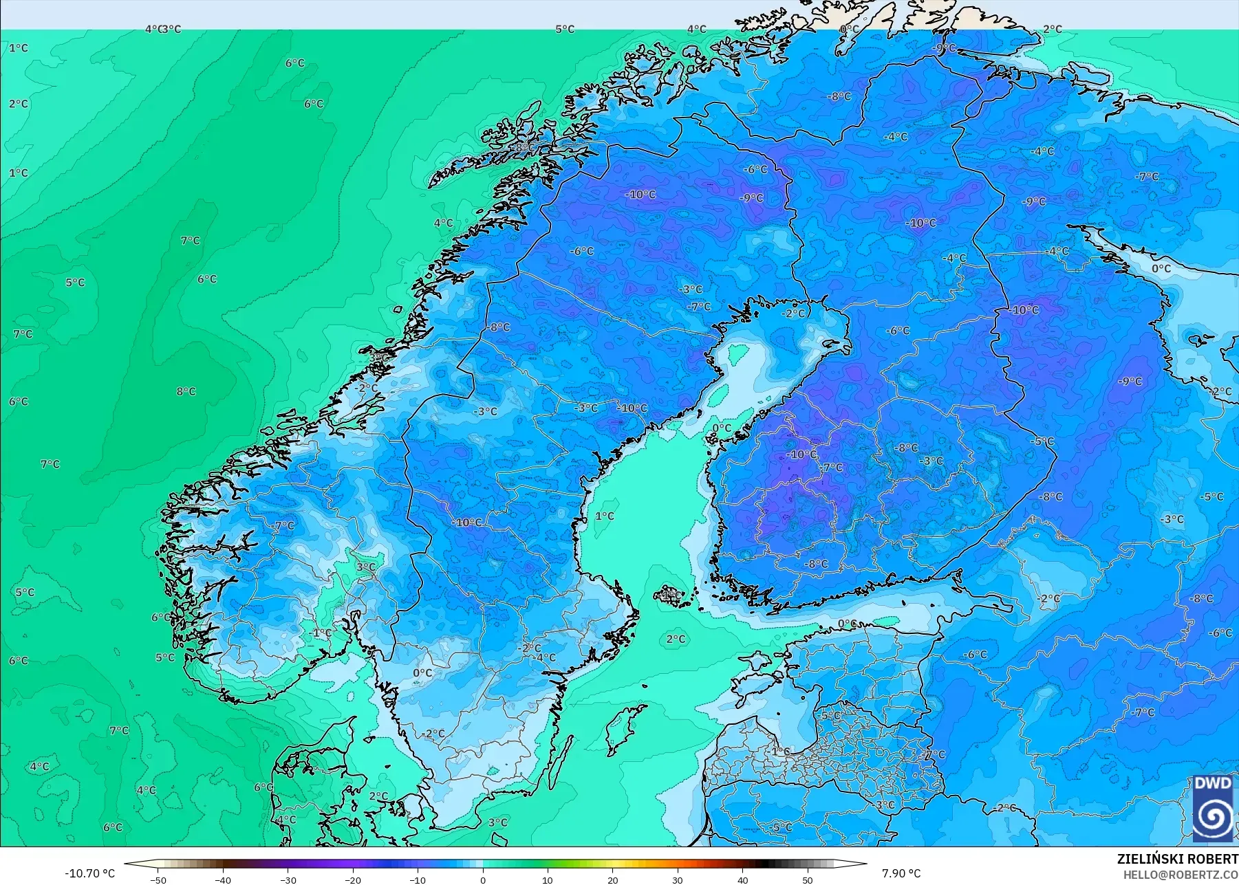 ICON model - Scandinavia, Dewpoint at 2m