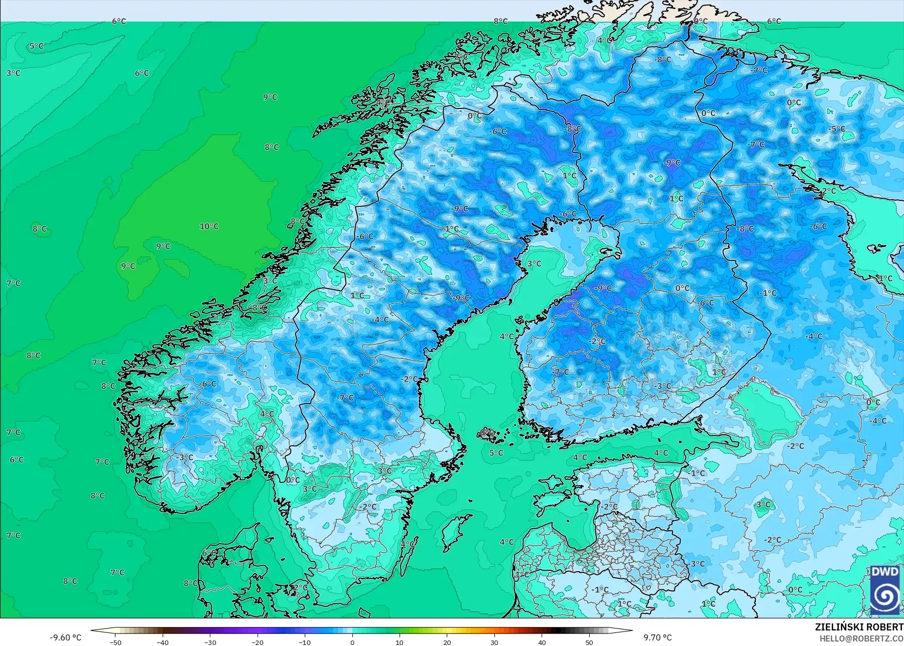 ICON model - Scandinavia, Temperature at 2m