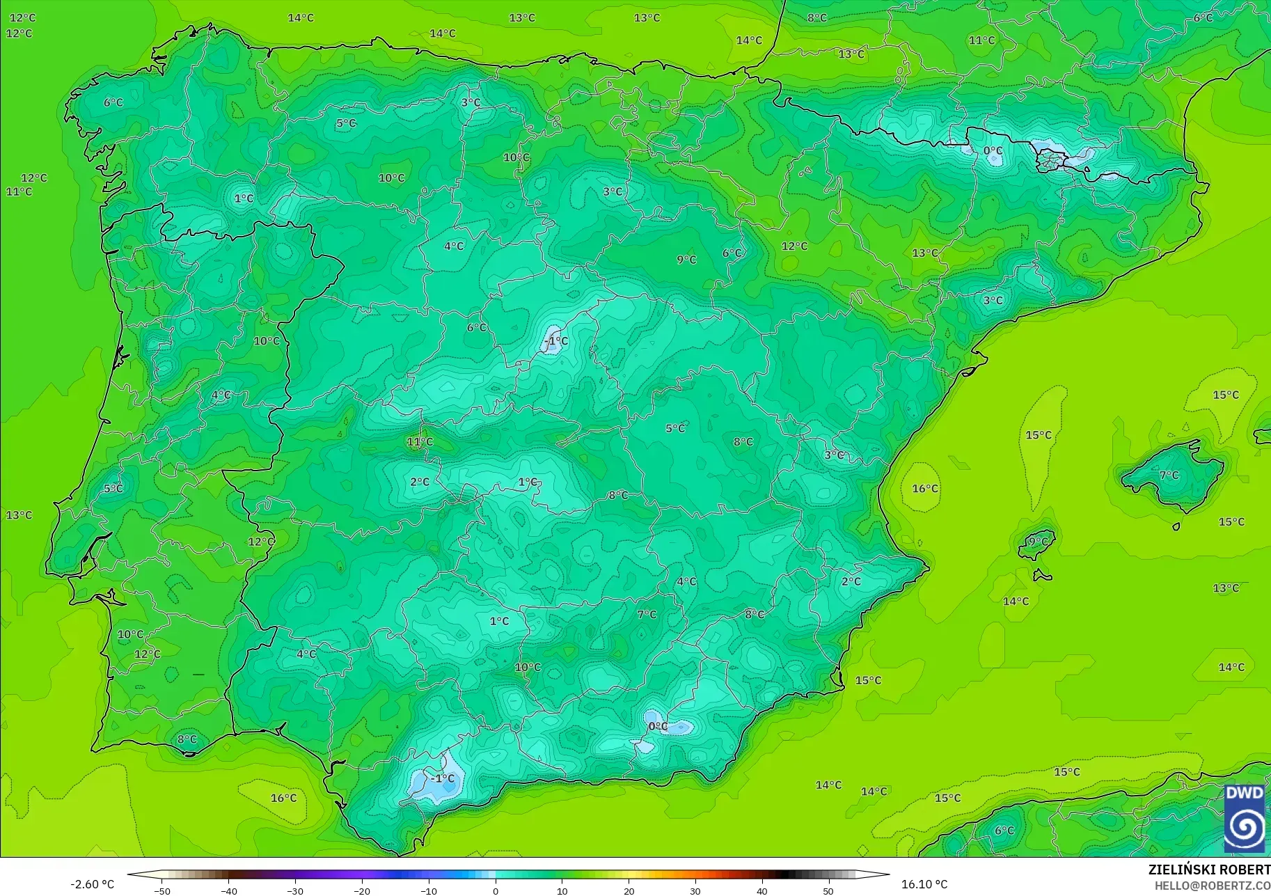 ICON model - Spain, Dewpoint at 2m