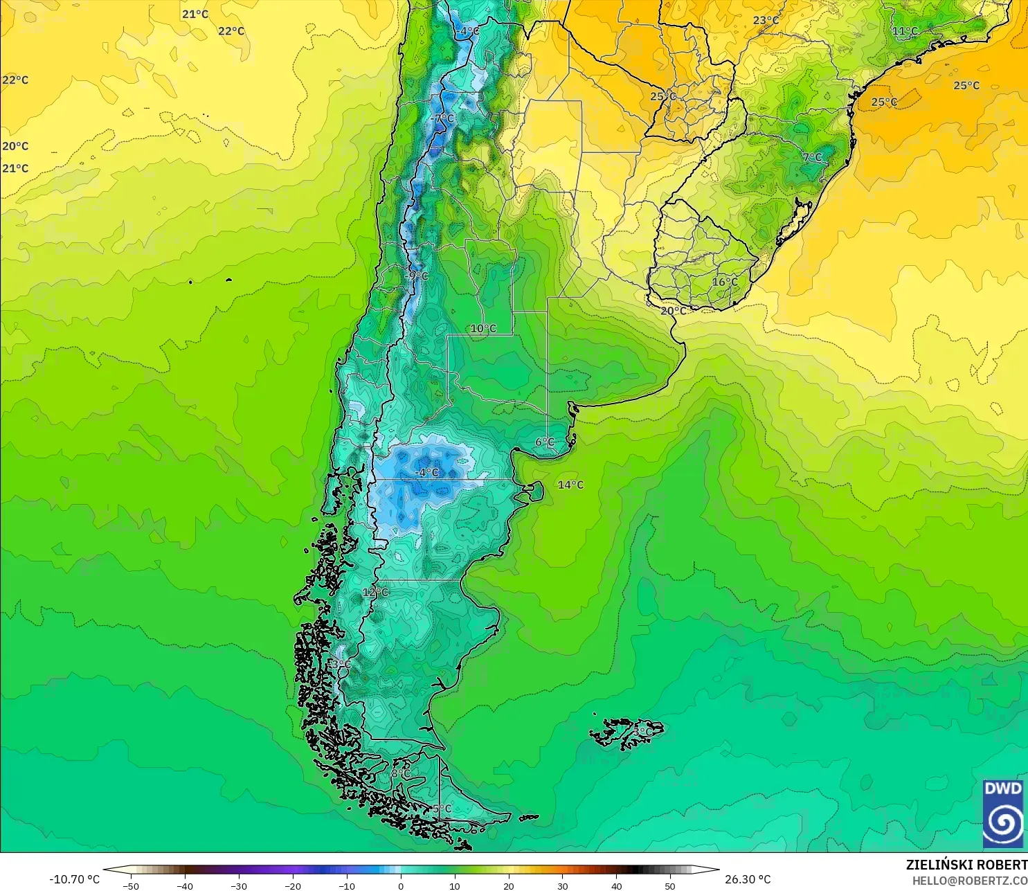ICON model - Argentina, Temperature at 2m
