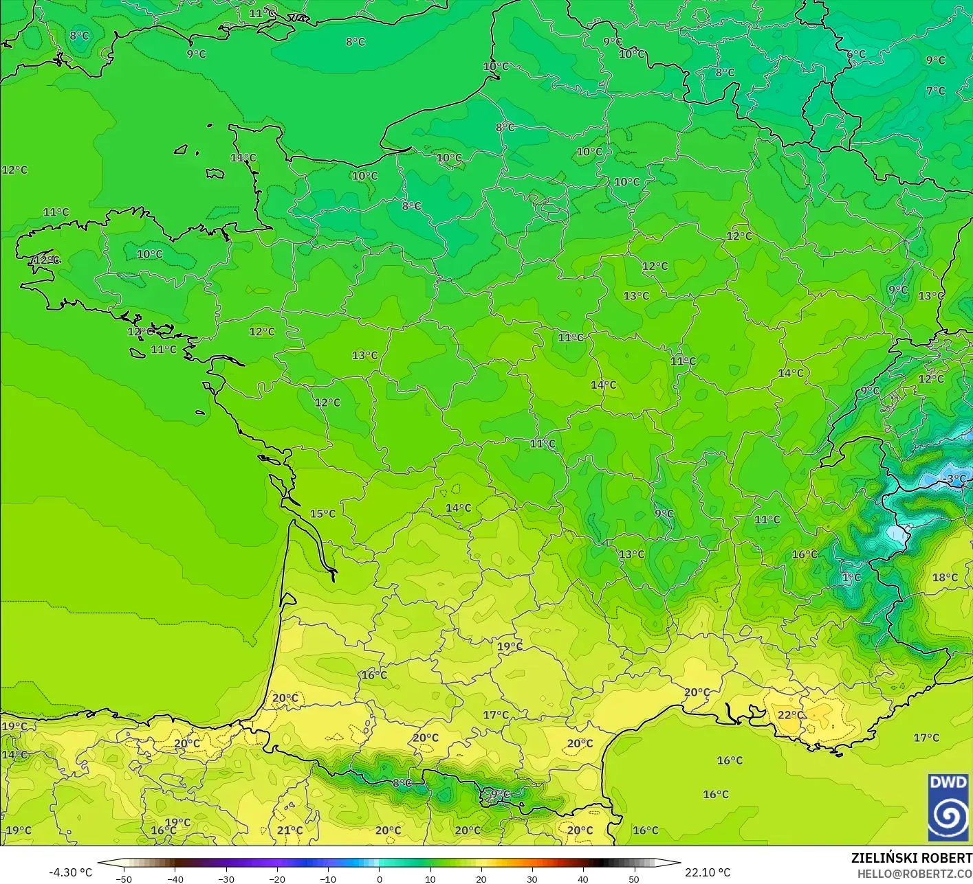 ICON model - France, Temperature at 2m