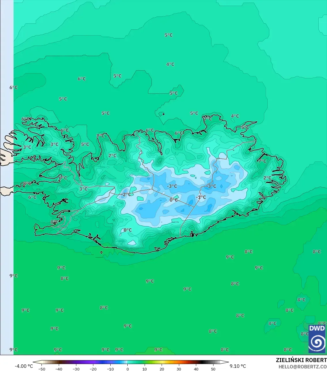 ICON model - Iceland, Temperature at 2m