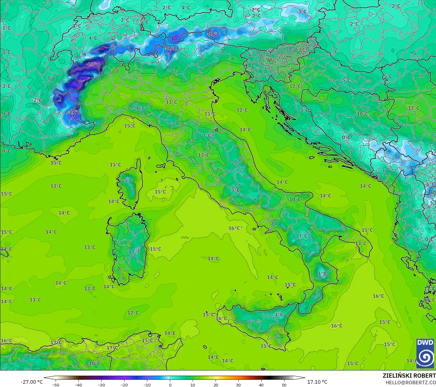 ICON model - Italy, Dewpoint at 2m