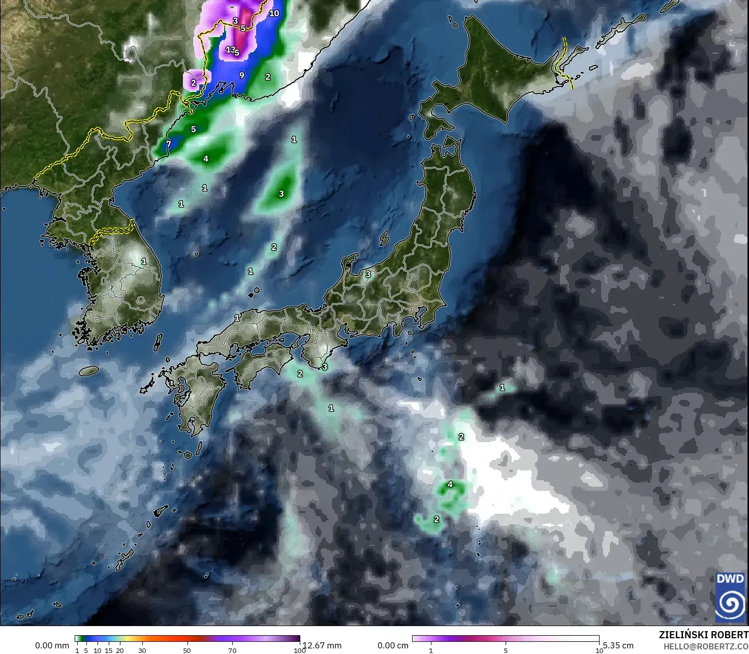 ICON model - Japan, Precipitation, Clouds, and Pressure