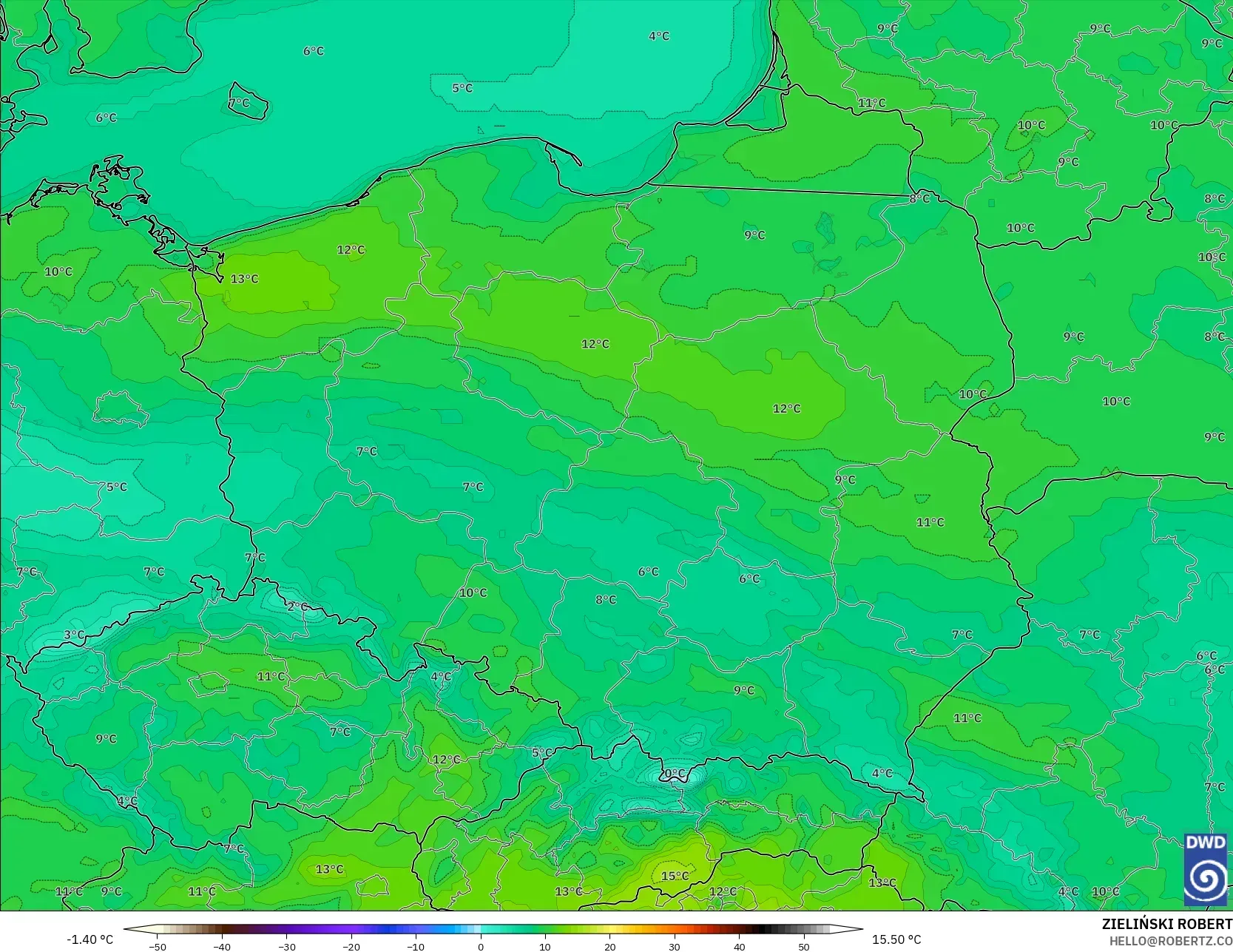 ICON model - Poland, Temperature at 2m