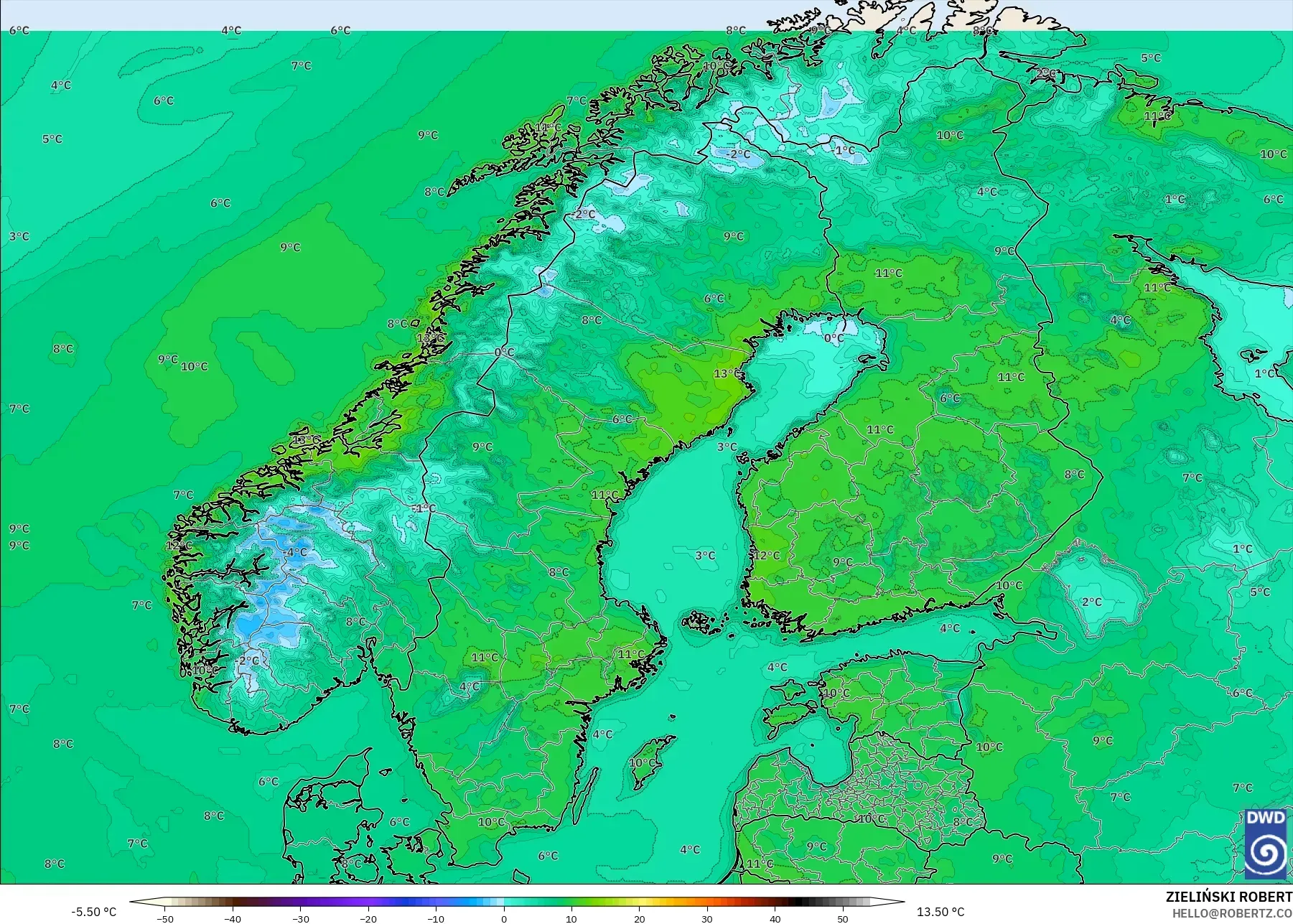 ICON model - Scandinavia, Temperature at 2m
