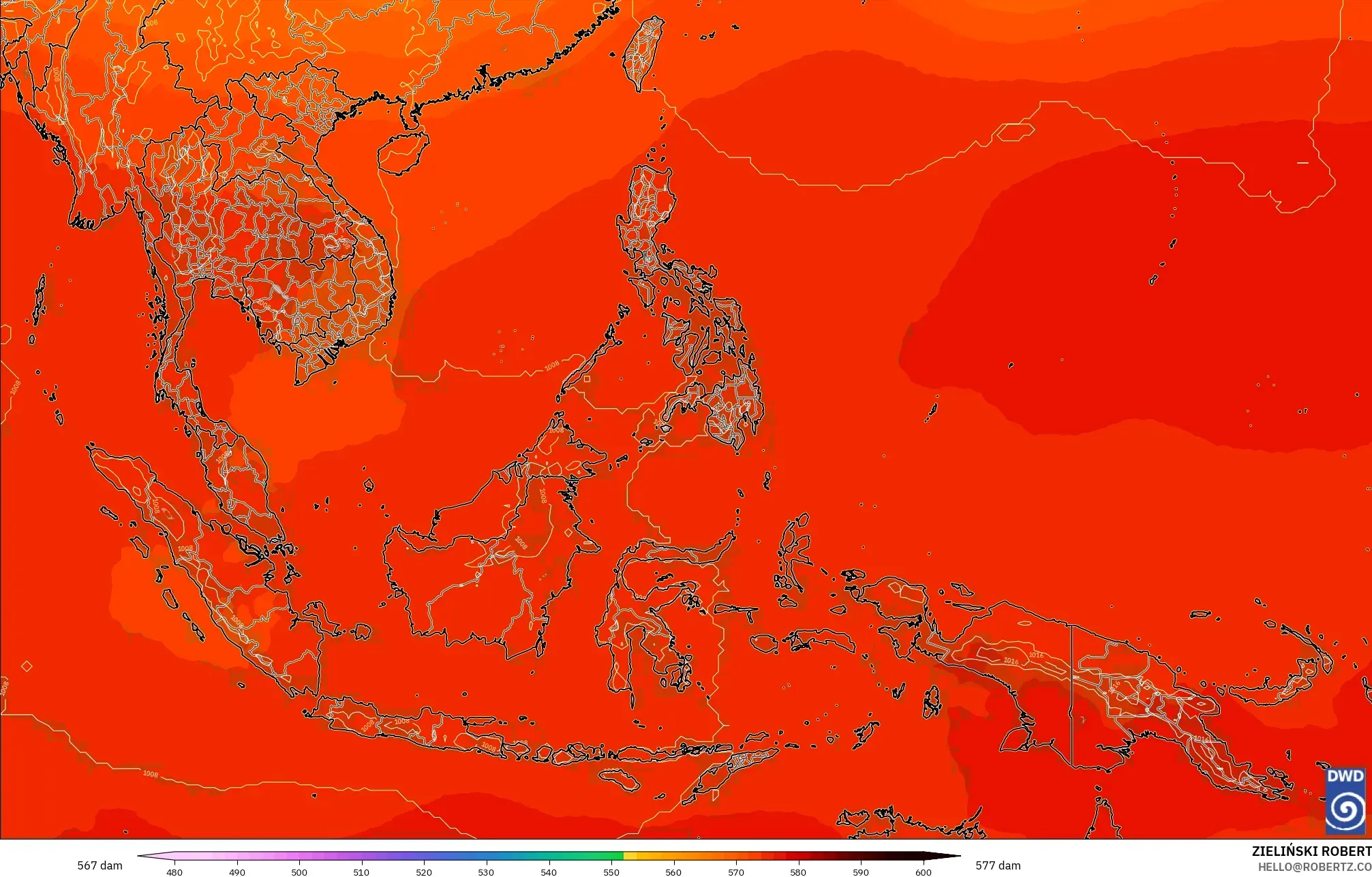 ICON model - South East Asia, Geopotential height at 500hPa