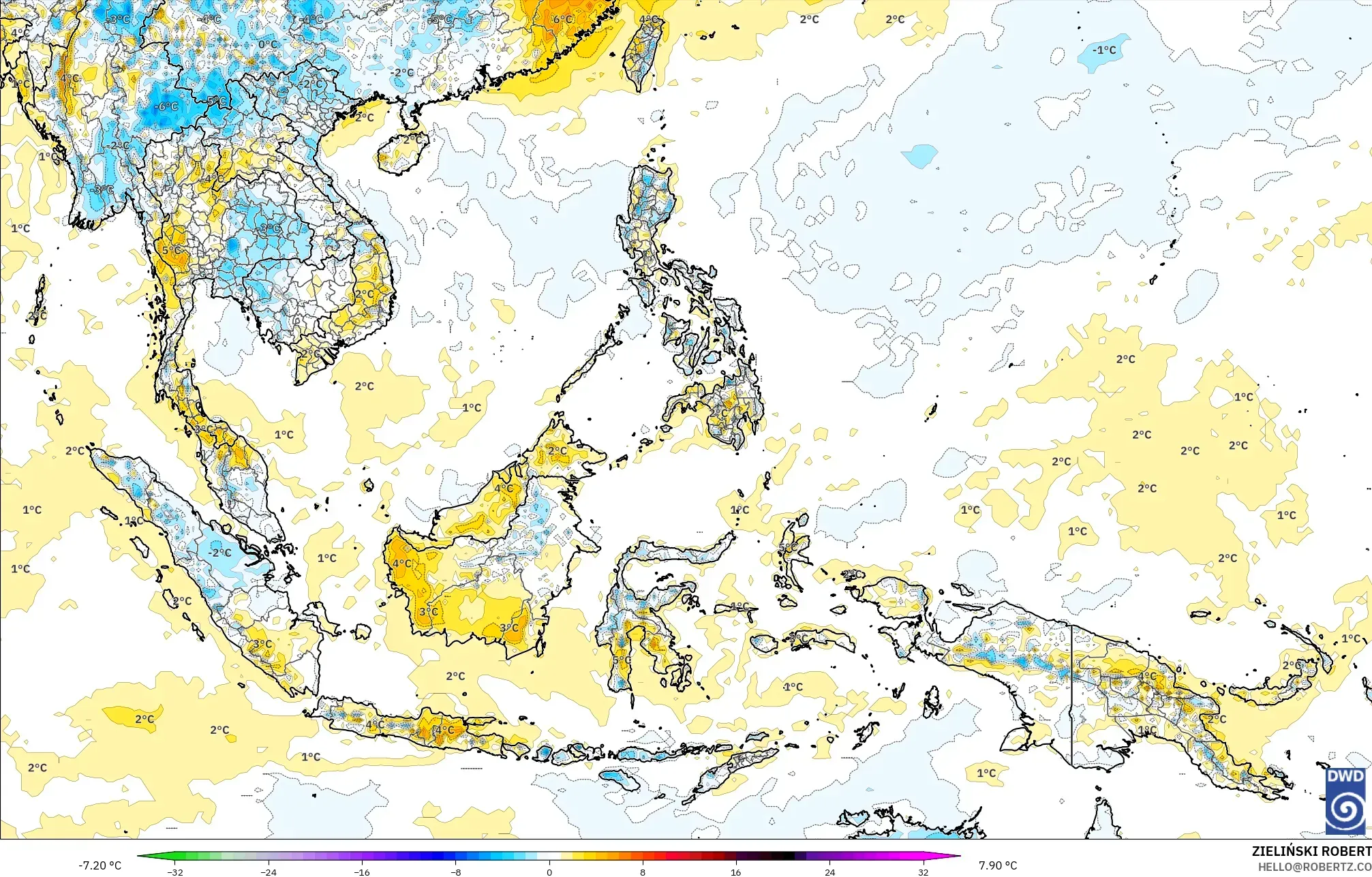 ICON model - South East Asia, Temperature at 2m Anomaly