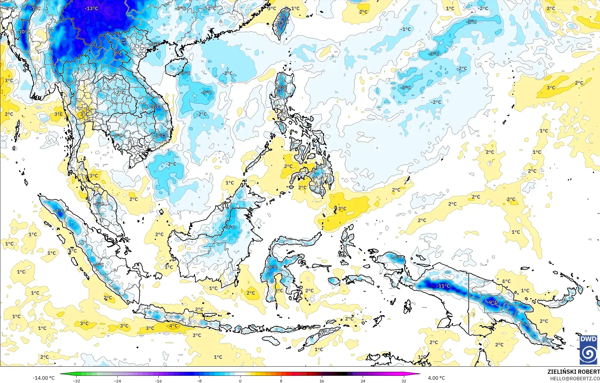 ICON model - South East Asia, Temperature at 850hPa Anomaly