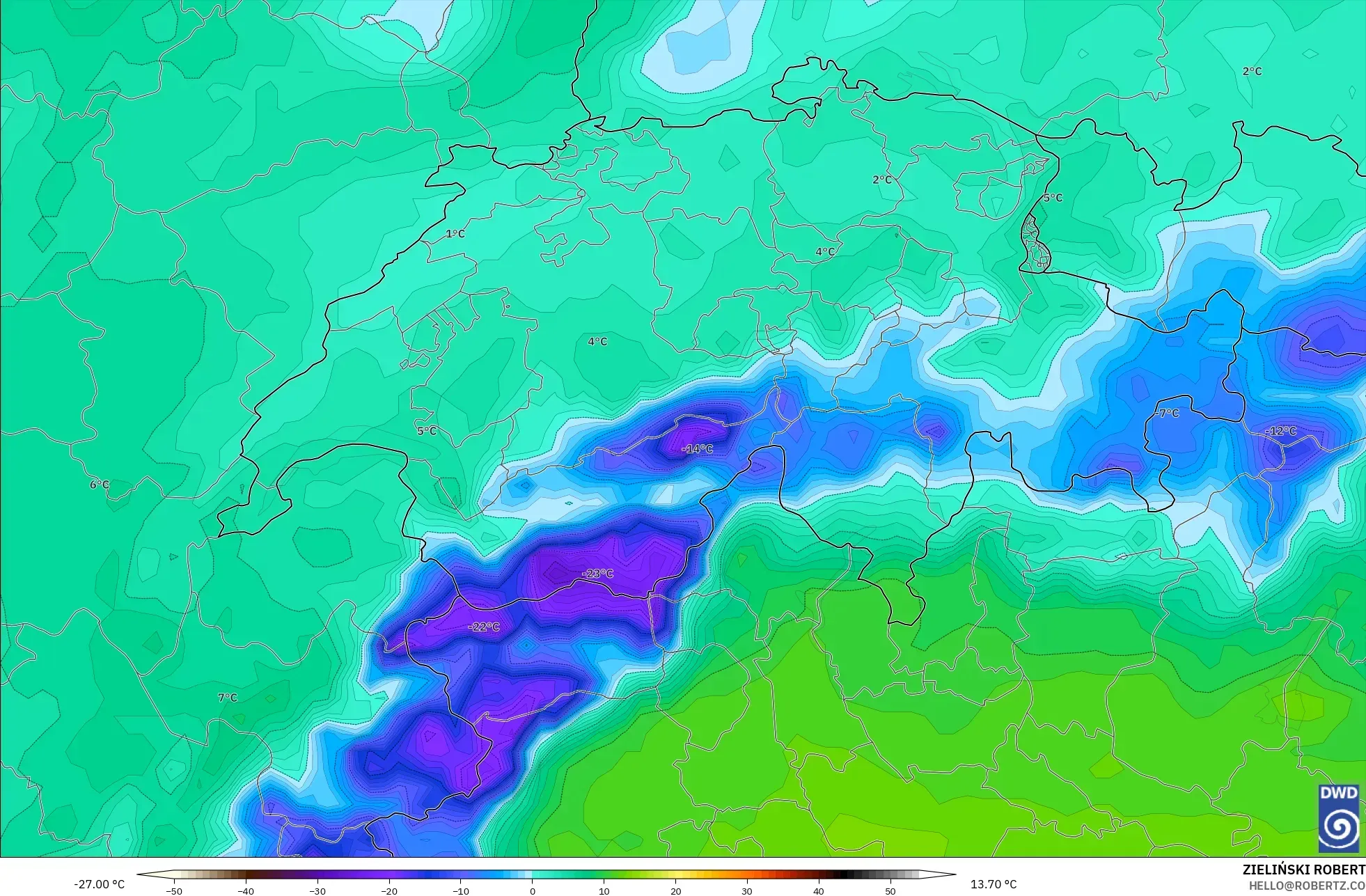 ICON model - Switzerland, Dewpoint at 2m