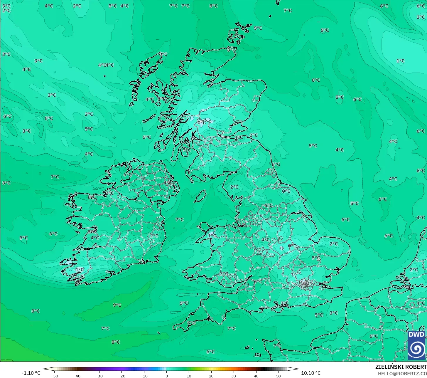 ICON model - United Kingdom, Dewpoint at 2m