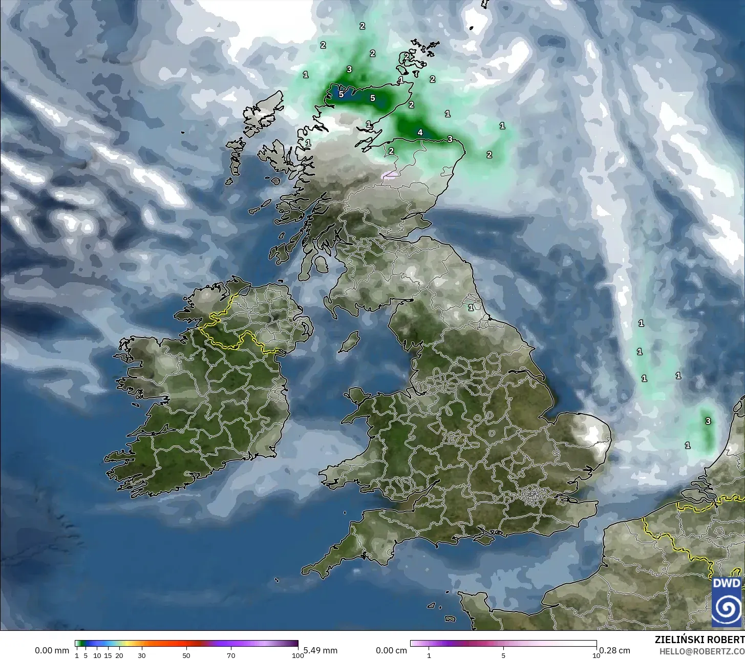 ICON model - United Kingdom, Precipitation, Clouds, and Pressure