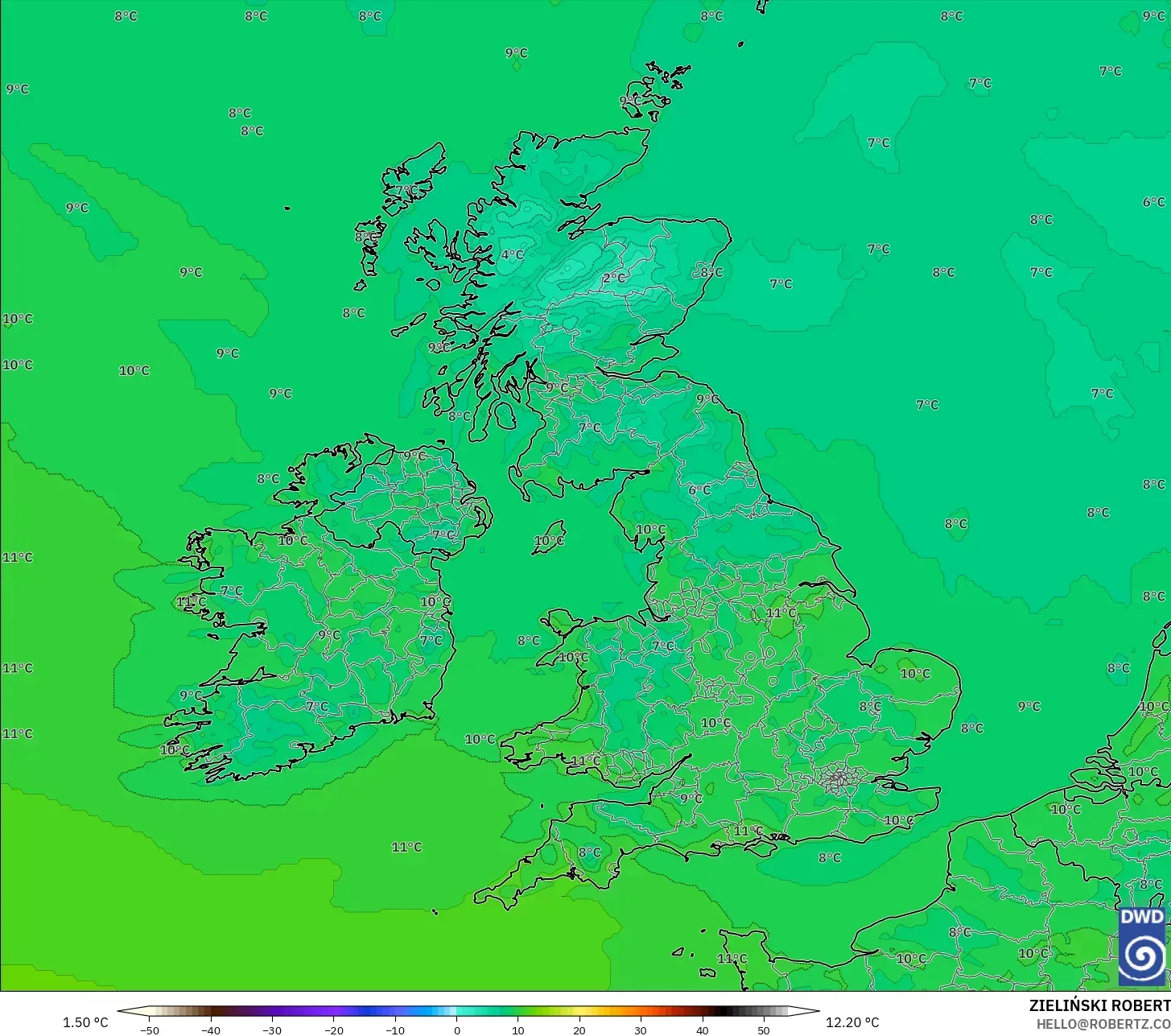 ICON model - United Kingdom, Temperature at 2m