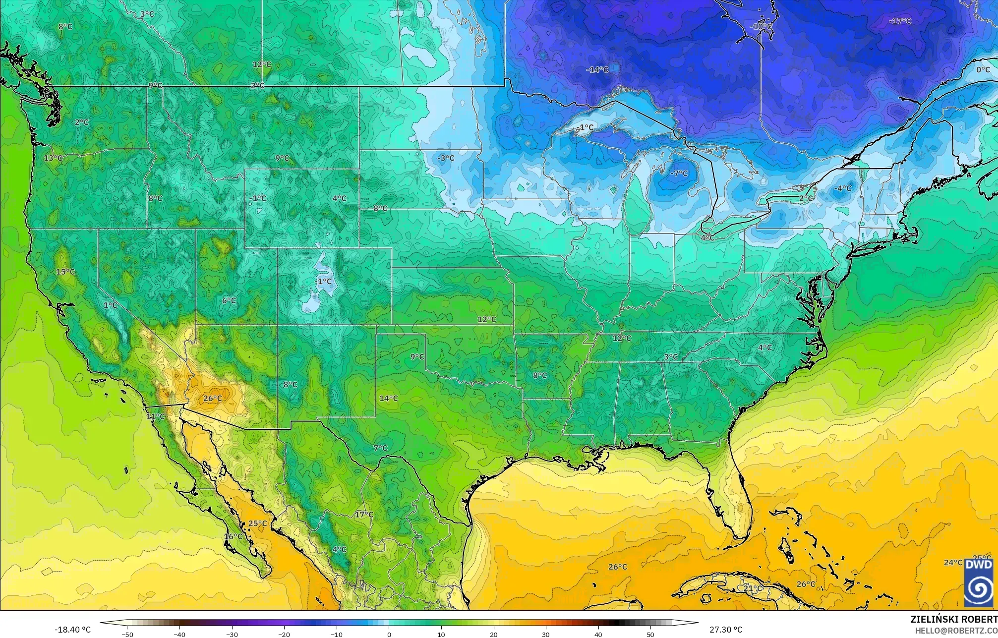 ICON model - United States, Temperature at 2m