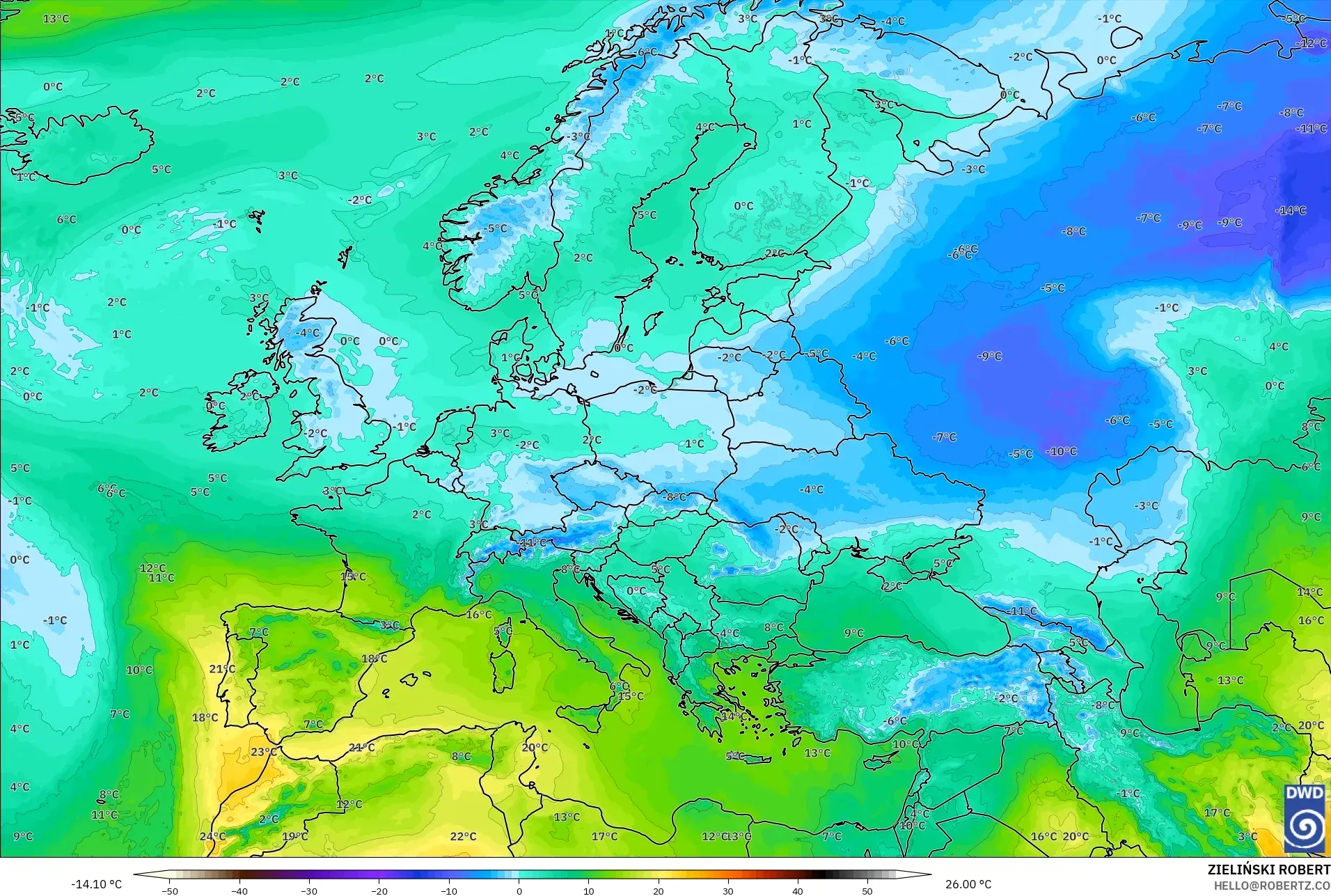 ICON model - Europe, Temperature at 850hPa