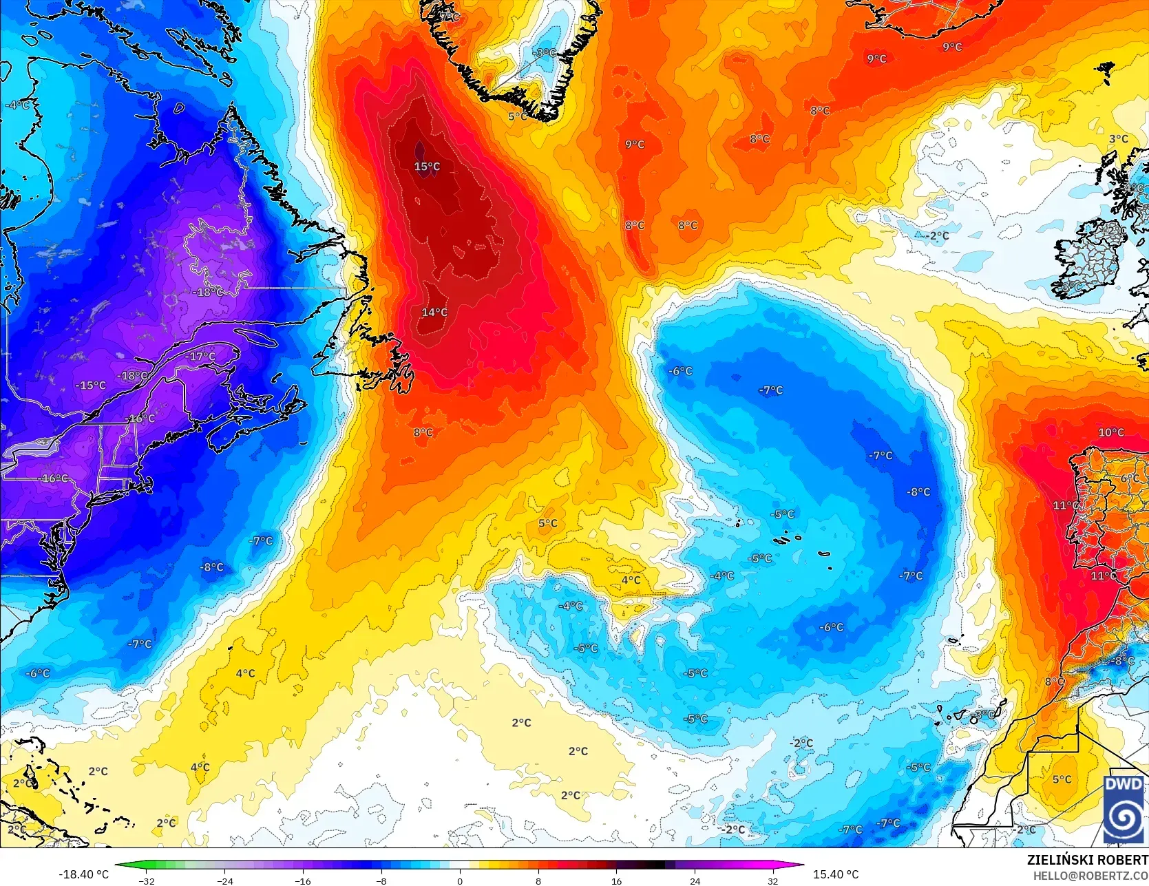 ICON model - North Atlantic, Temperature at 850hPa Anomaly