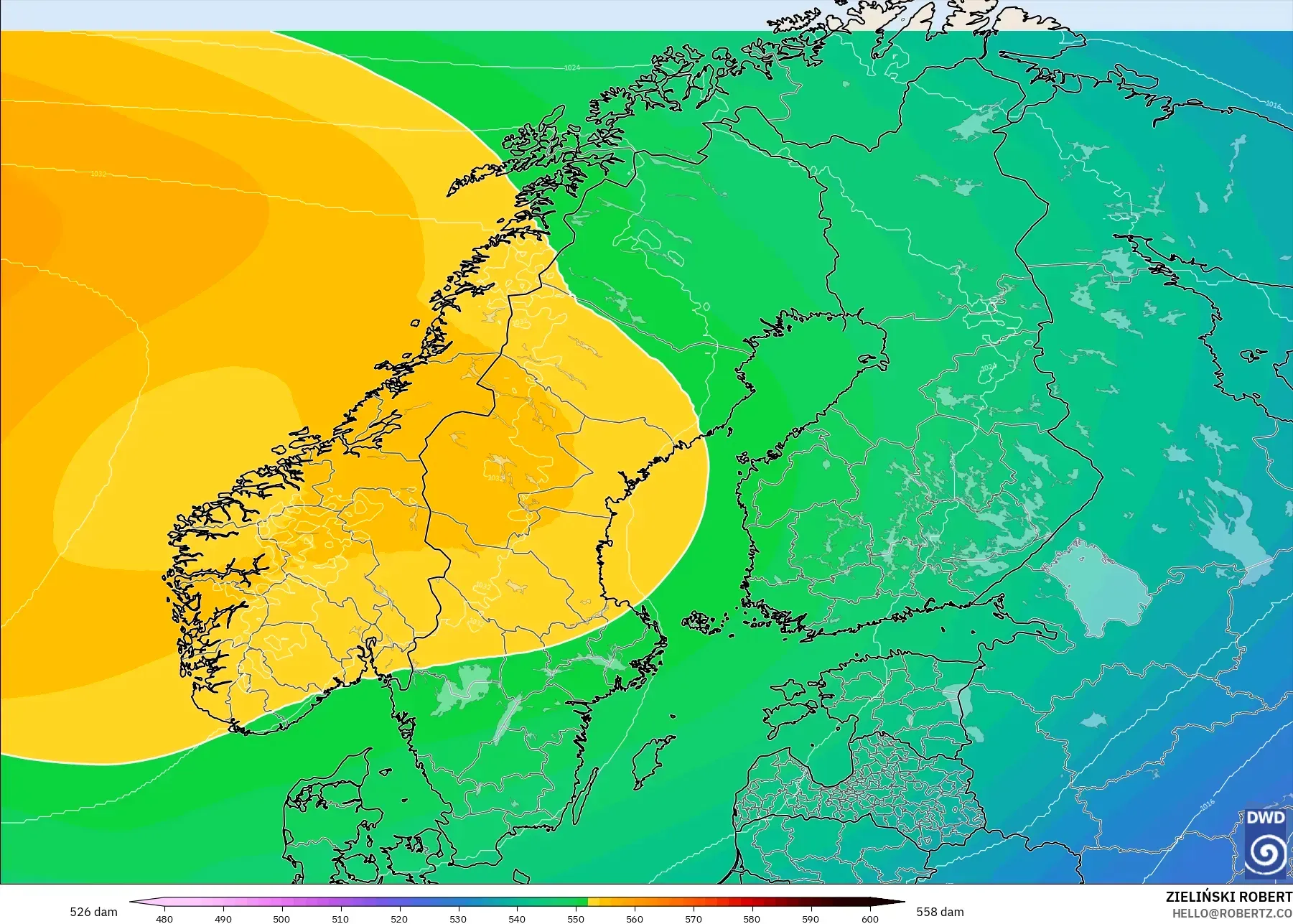 ICON model - Scandinavia, Geopotential height at 500hPa