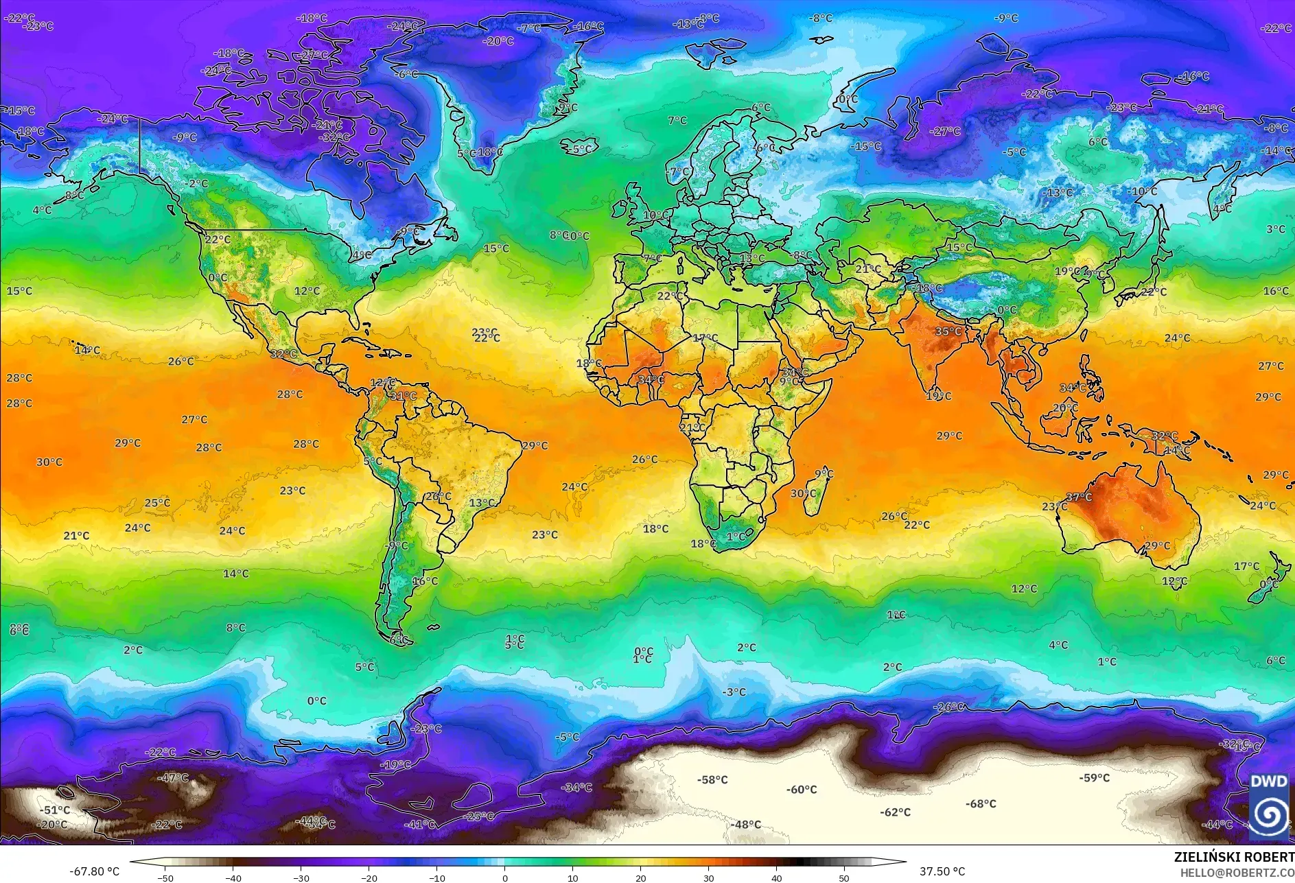 ICON نموذج - العالم, درجة الحرارة على ارتفاع 2 م